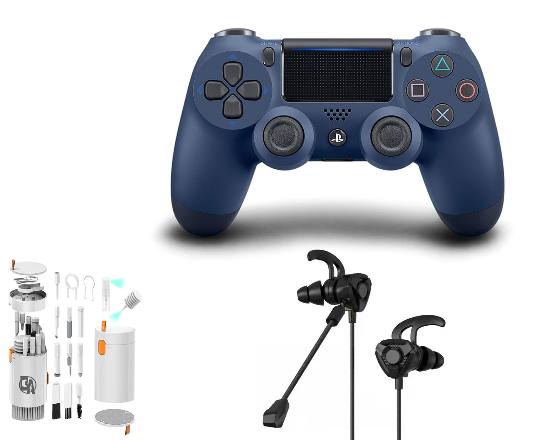 Sony Dual Midnight Blue Gaming Controller PS4 Console With Black Gaming Buds + Cleaning Kit BOLT AXTION Bundle Like New