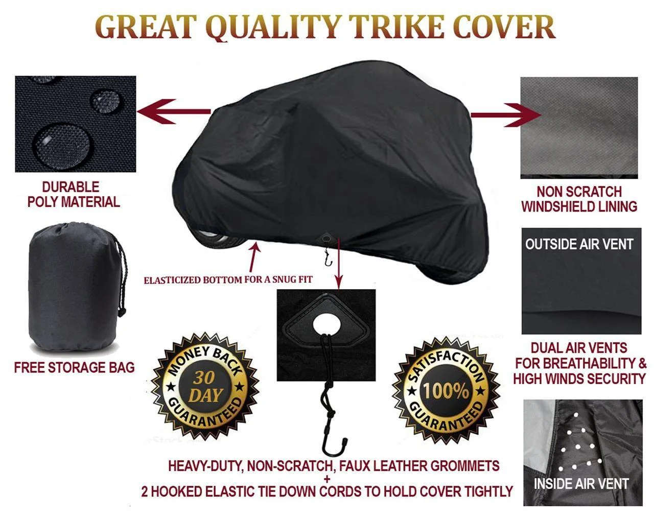 Quality Trike Cover Compatible for Motor Trike Suzuki Cavalcade 3-Wheeler. TOP OF THE LINE PROTECTIVE BIKE TARP. Breathable and Portable Vehicle Protection