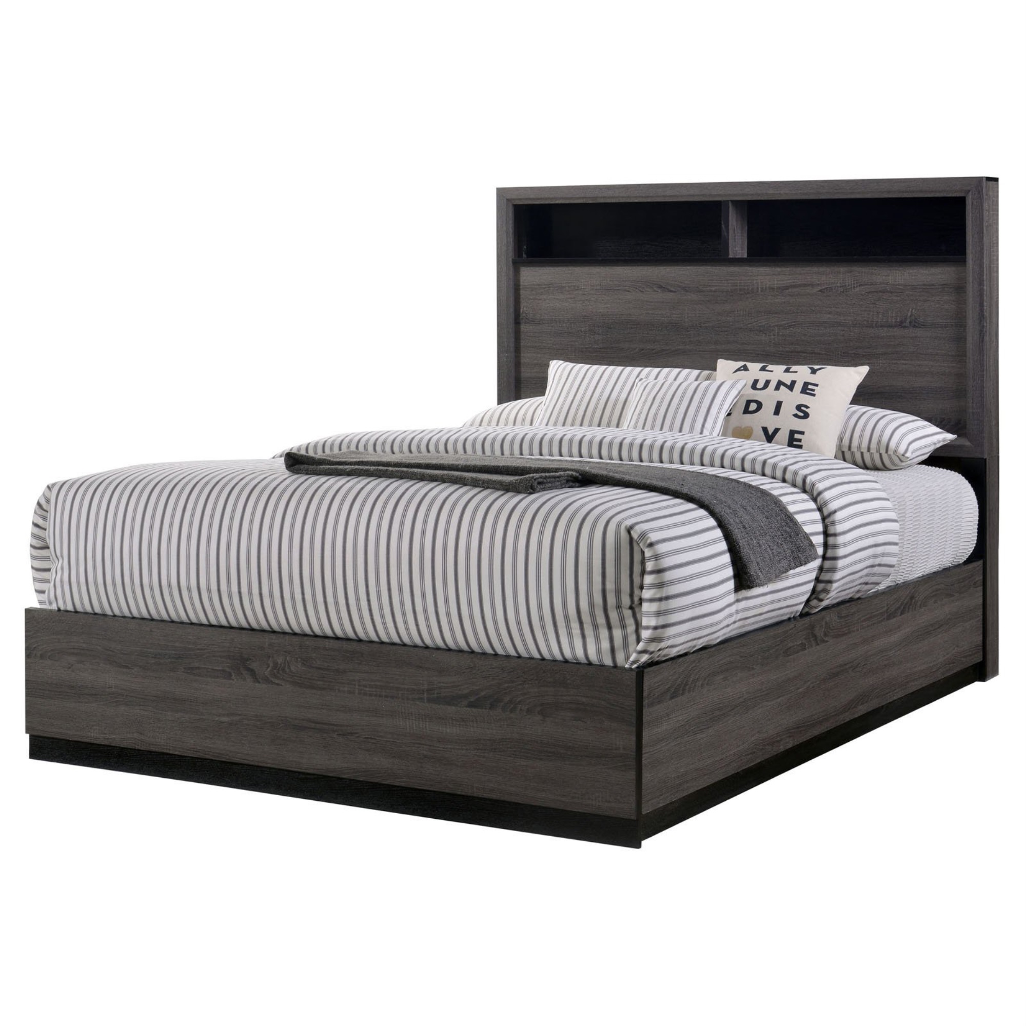 Benjara Wooden California King Bed with Bookcase Headboard and Grain Details, Gray