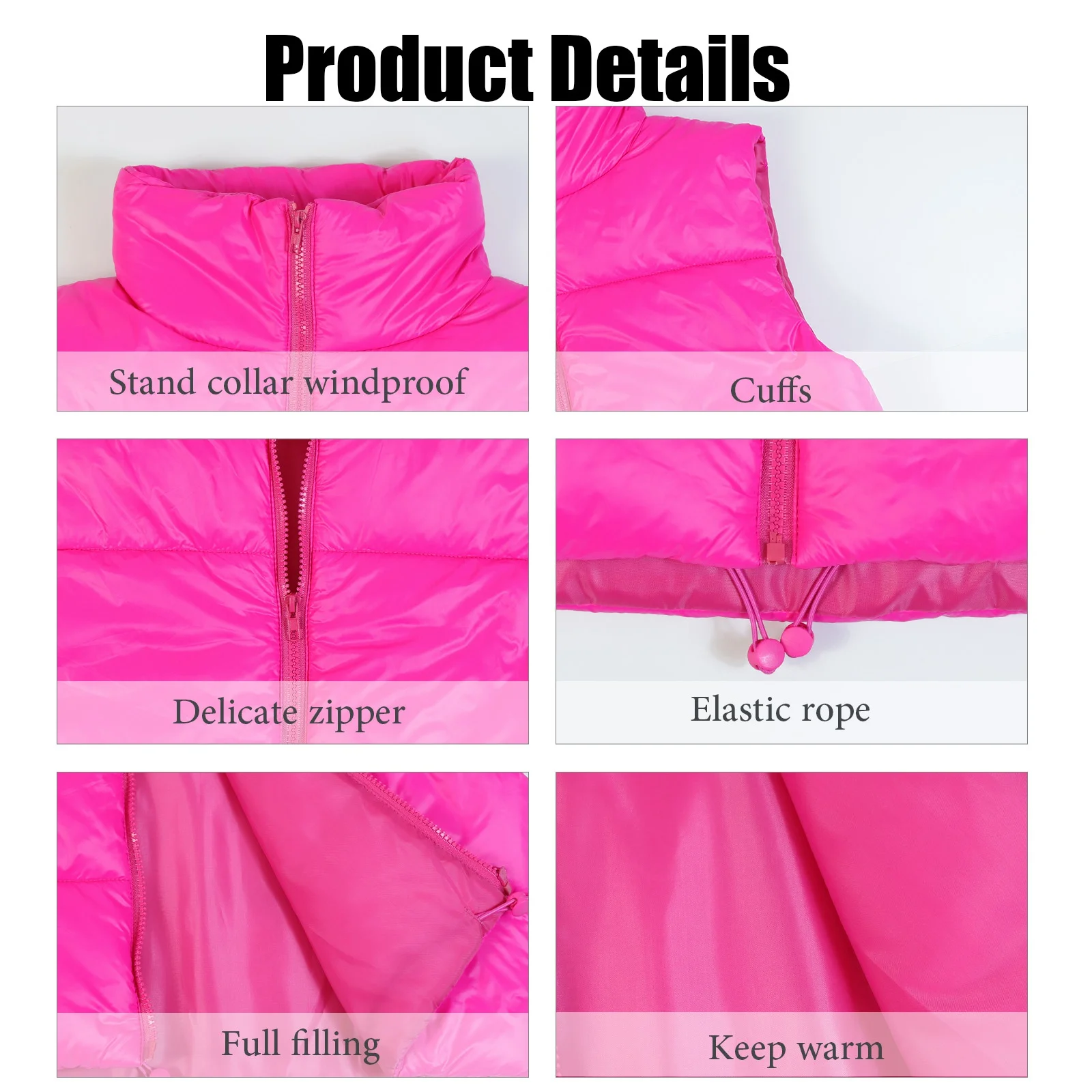 Hotian Women Winter Crop Puffer Vest Jacket Sleeveless Padded Gilet Hot Pink M