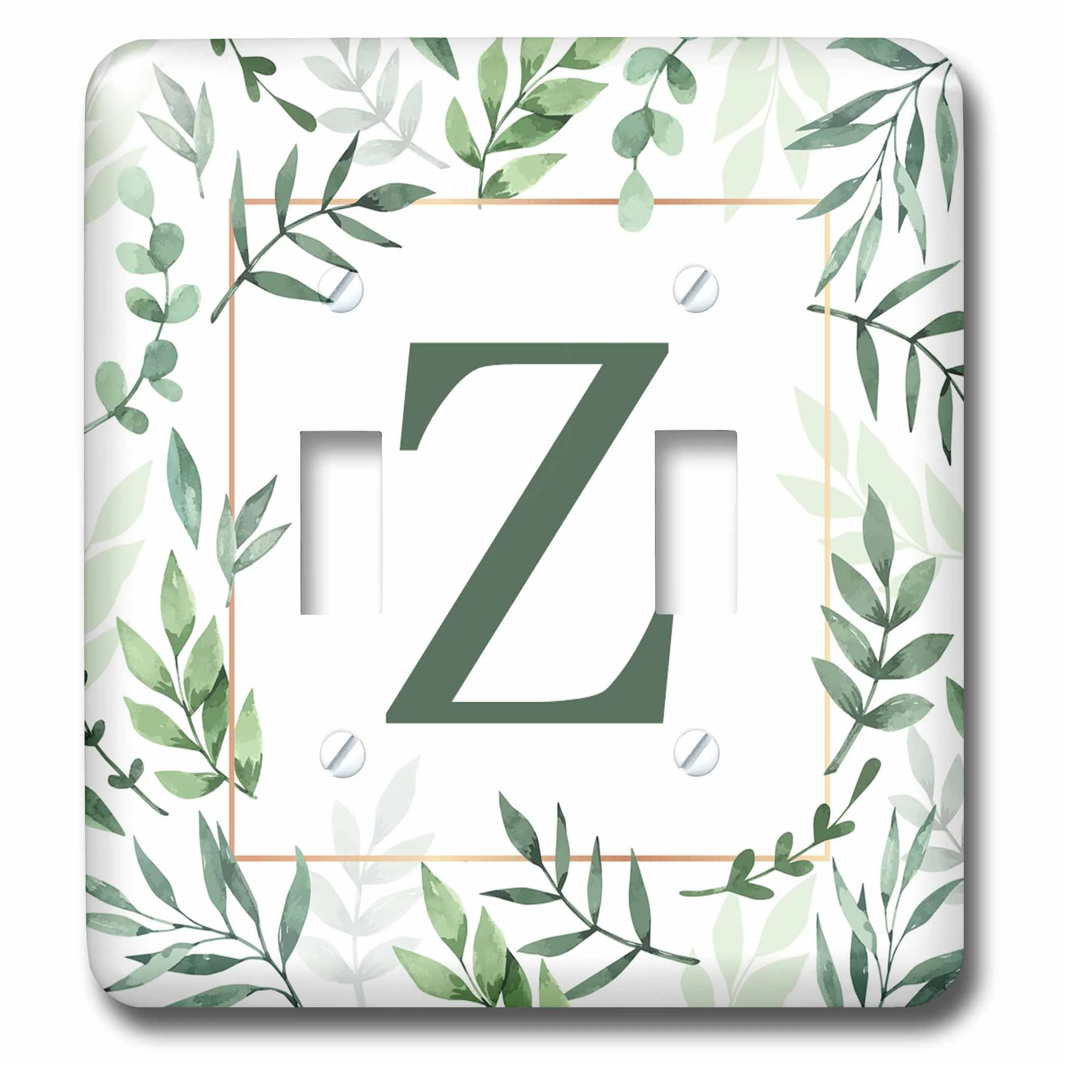 Monogram initial letter Z in green framed in leaves and a gold square. double toggle switch lsp-337434-2