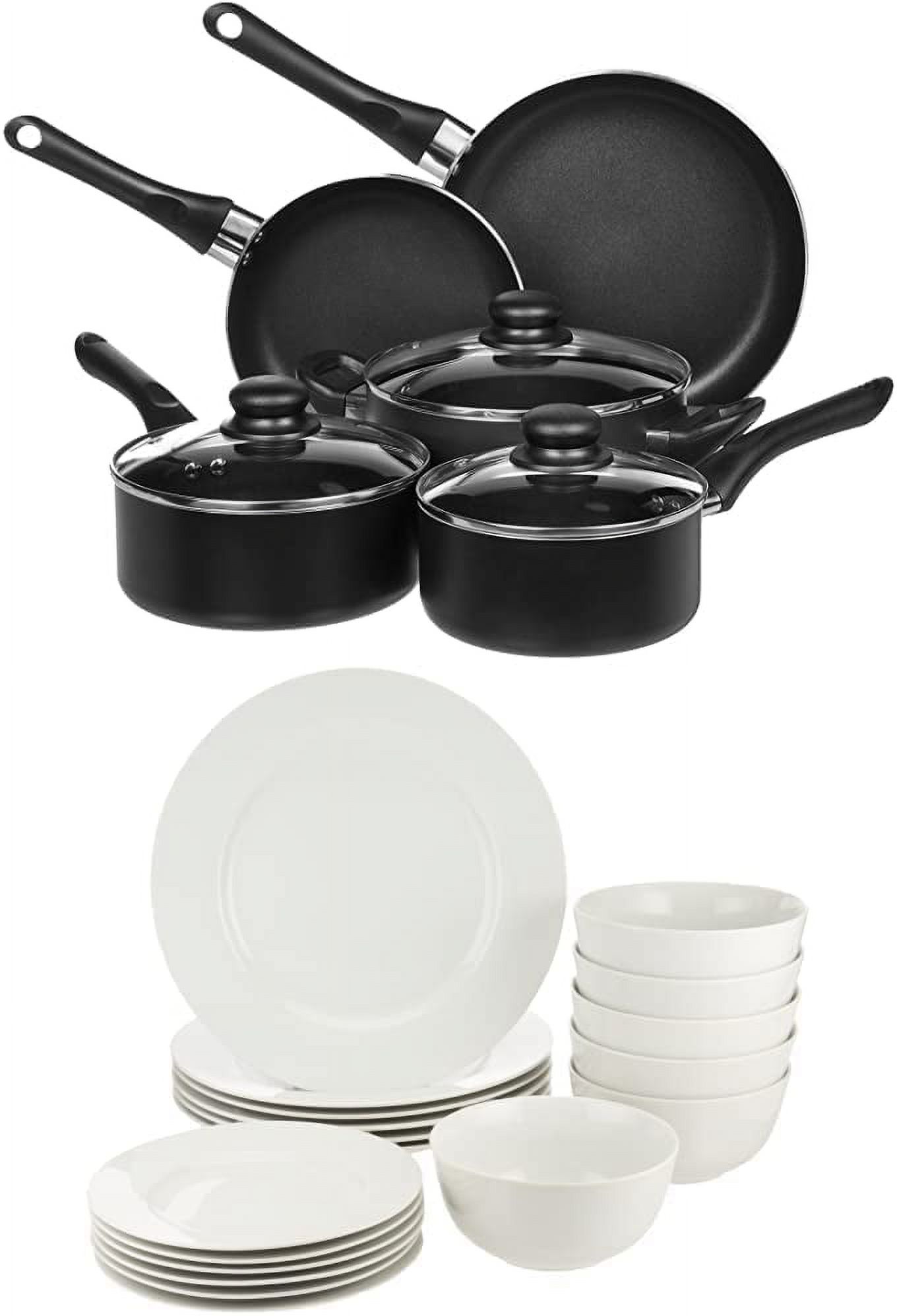 YINCHEN 18-Piece Kitchen Dinnerware Set, Dishes, Bowls, Service for 6, White & Non-Stick Cookware Set, Pots and Pans - 8-Piece Set