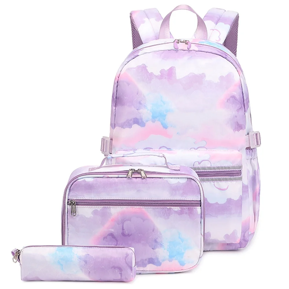 CJUAN Girls Backpack with Lunch Box Pencil Case 3-Piece Set Waterproof School Bags Kids Lightweight Travel Bag Fashion printed Bookbag (Purple)
