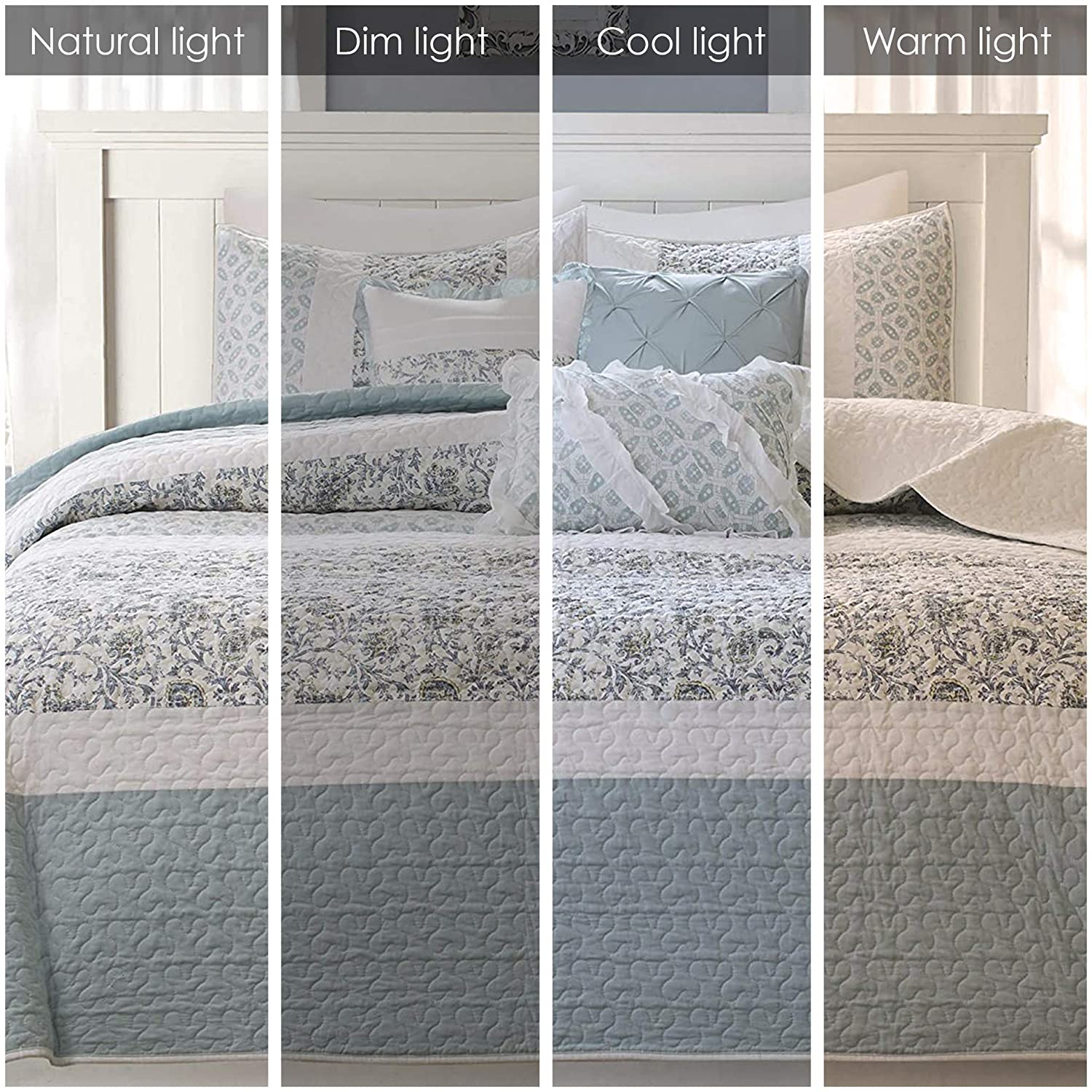 durable Madison Park 100% Cotton Quilt Set Floral Print  Double Sided Stitching  All Season  Lightweight Coverlet Shabby Chic Bedding Layer  Matching Shams  King/Cal King  Light Teal 6 Pi