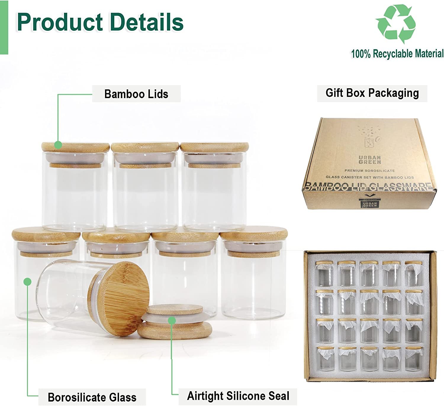 Glass Jar with Bamboo Lids Urban Green, Spice Jar Set 20pcs, Glass Spice bottles, Glass Canisters with Airtight Lids, Small Food Storage Containers for herbs, spices and dry food 20 sets of 4oz