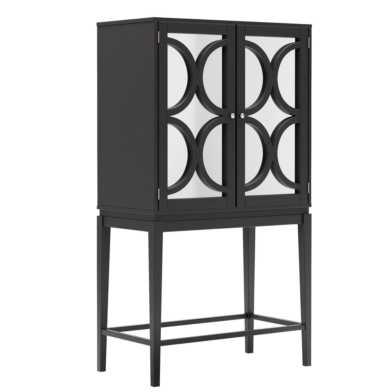 OWSOO Cabinet Solid Rubber Wood Rack Double Mirror Door Bar Cabinet Kitchen Organizer with Glass Holder Sideboard for Dining Room