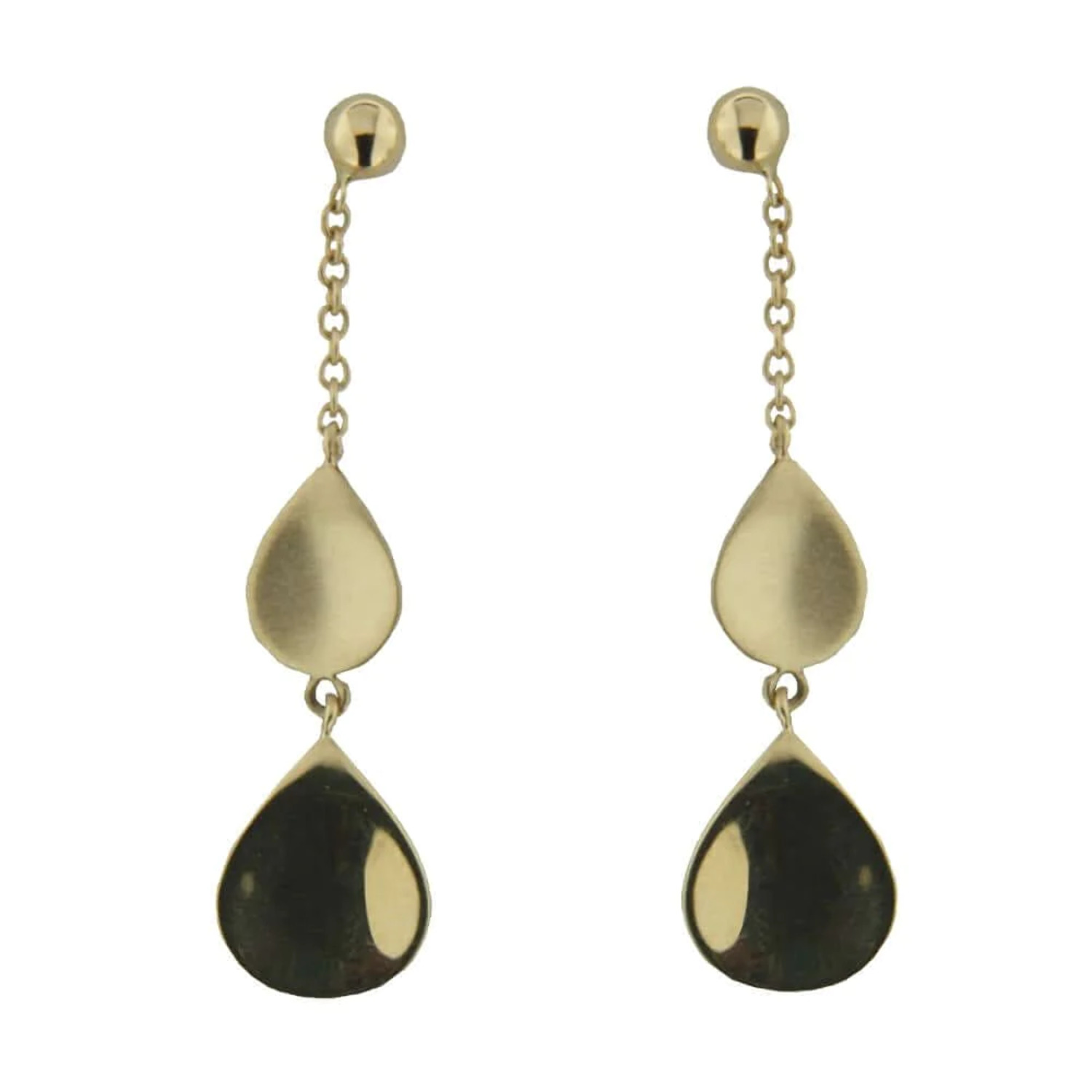 18K Yellow Gold Large shiny and Small  Satin Tear Drops Dangle Post Earrings 1.25 inches long..