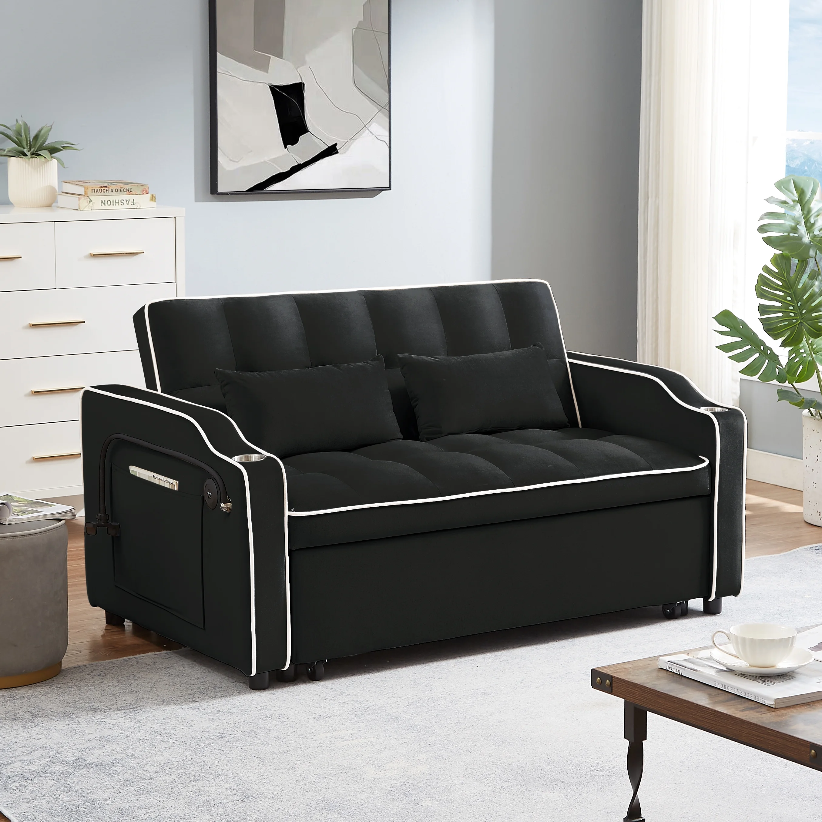 Muumblus Pull Out Sofa Bed, 3-in-1 Convertible Sofa Bed, Modern 2 Seater Sofa Bed with USB Port and Cup Holders, Velvet Loveseat Sleeper for Living Room, Small Spaces, Black