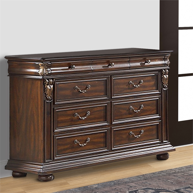 9 Drawer Wooden Dresser with Molded and Carved Details, Brown