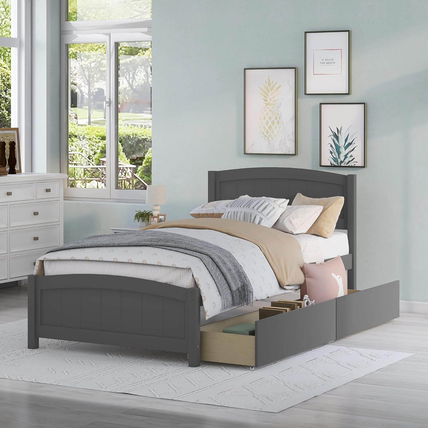 Bed With Storage Drawers Wooden Platform Bed Frame With Headboard Solid Wood Captain Beds For Boys Girls Kids Teens, No Box Spring Needed, Gray