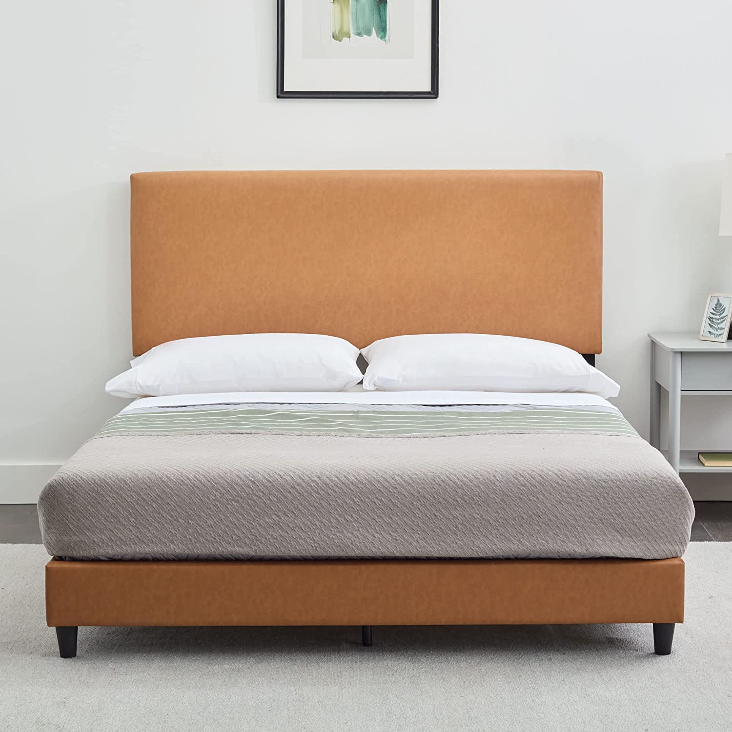 OUWI Platform Bed with Headboard – No Box Spring Needed – Faux Leather Upholstered Platform Bed Frame – Low Profile, Queen, Camel