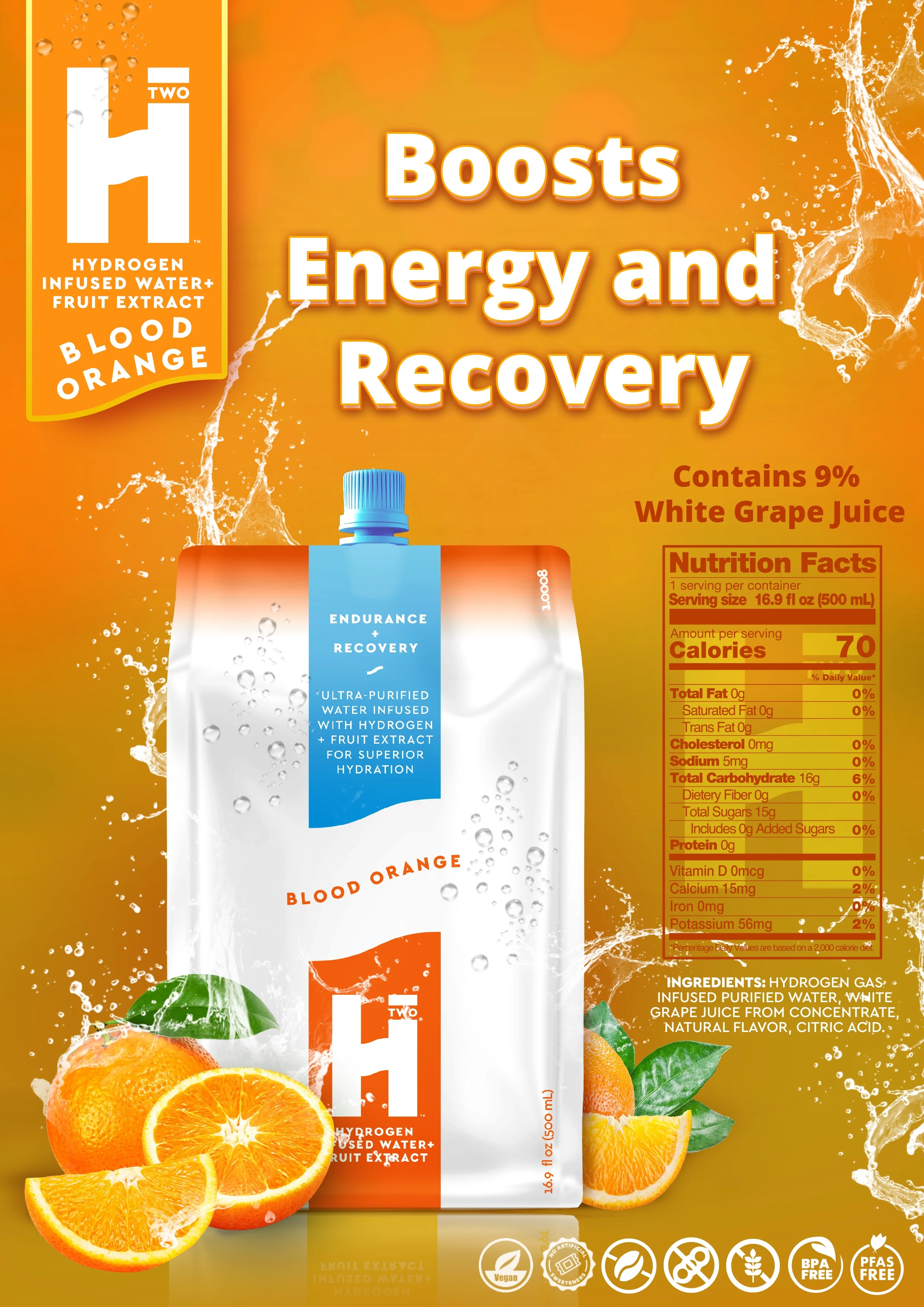 HTWO 16.9 oz Blood Orange Hydrogen Infused Water - We Make Water Tasty, Refreshing with Benefits