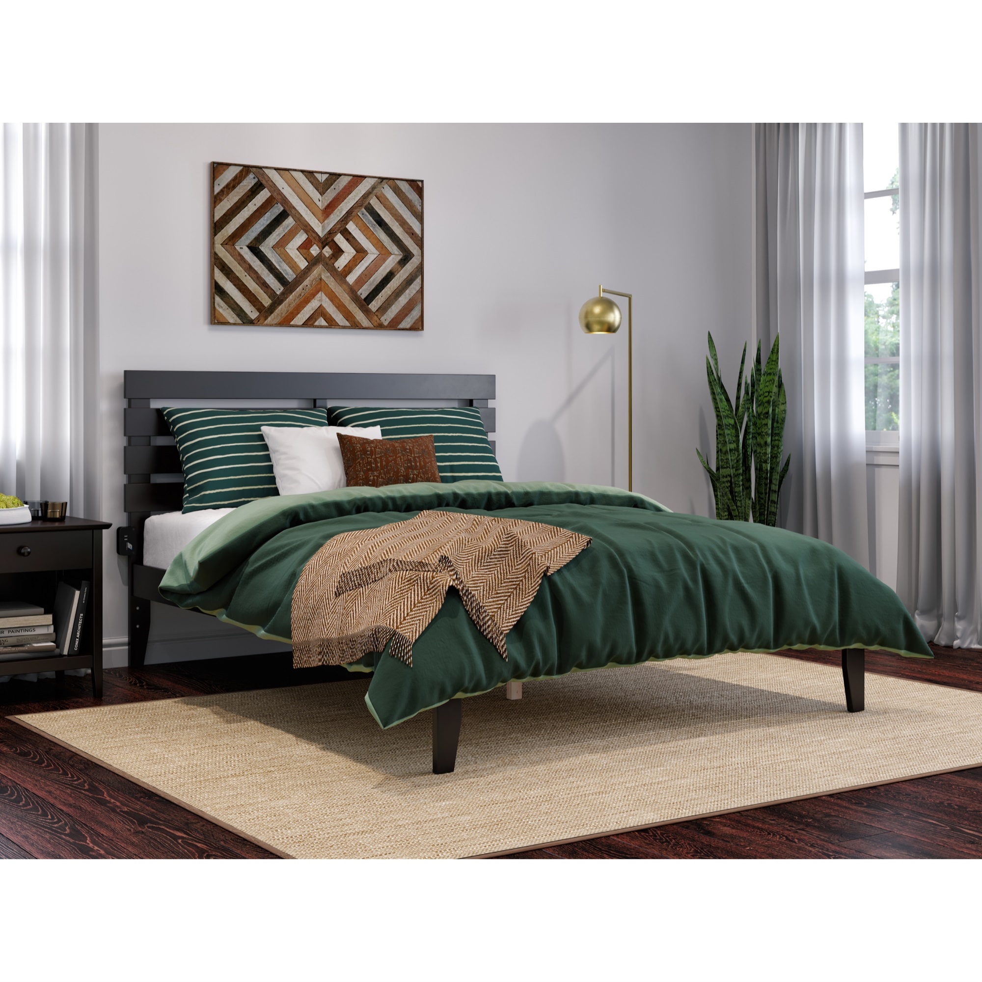 AFI Oxford Modern Solid Wood Platform Queen Bed with USB Charger in Espresso