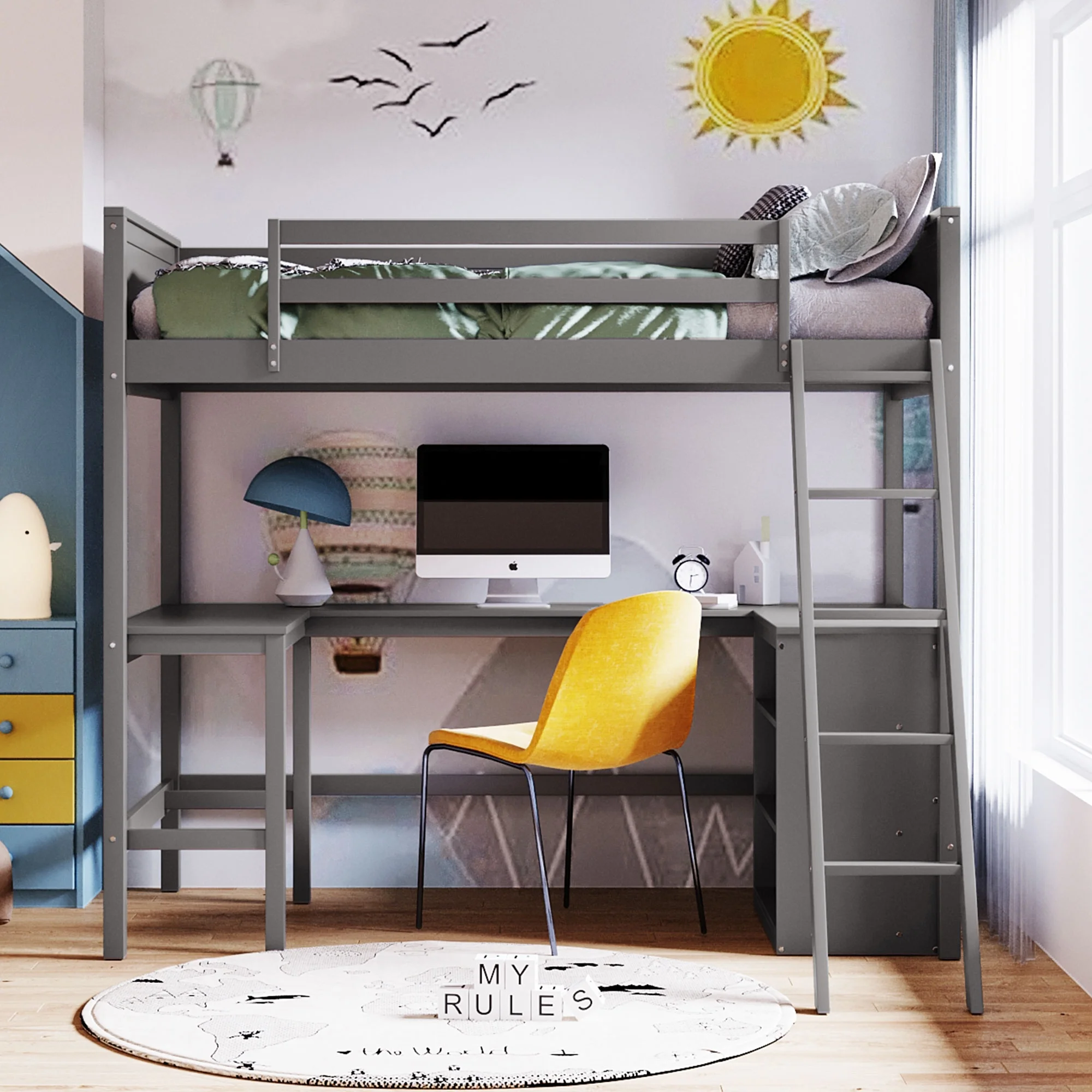 CoSoTower Twin Size Loft Bed with Shelves and Desk, Wooden Loft Bed with Desk - Gray