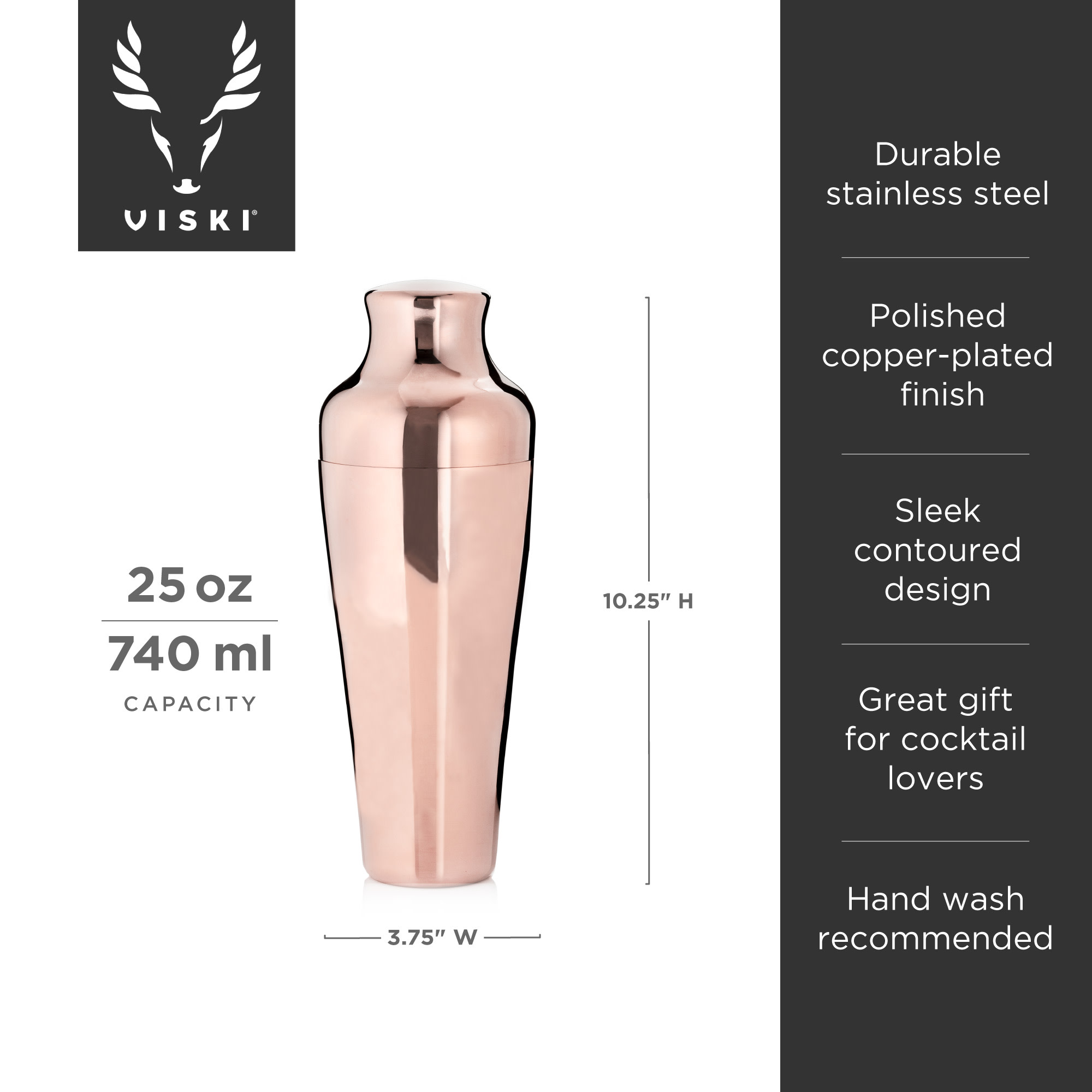 Viski Stainless Steel Contoured Shine Polished Parisian Cocktail Shaker, Copper