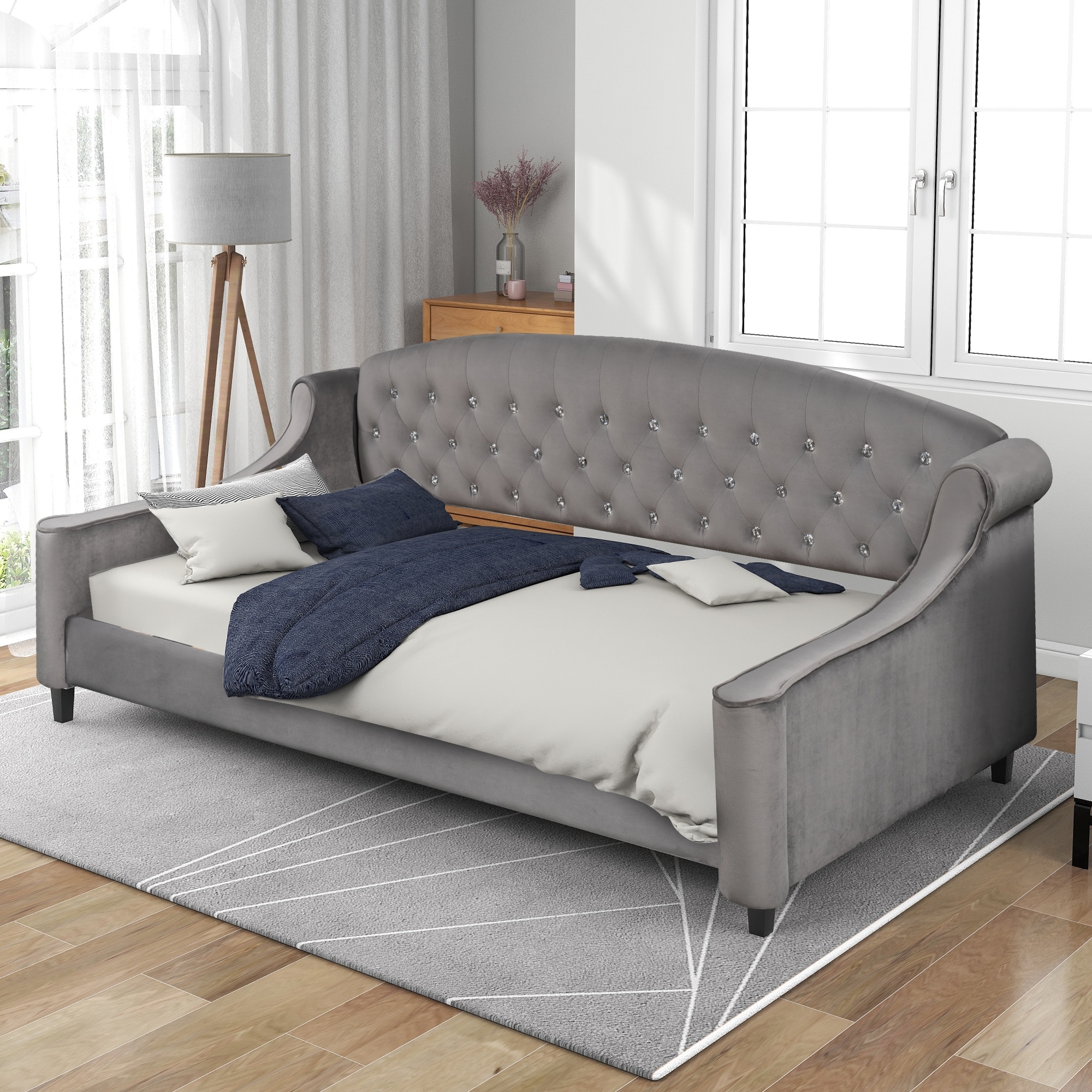 Modern Luxury Daybed with Button Tufted Upholstered Wingback and Tailored Piped Edges, Grey Full