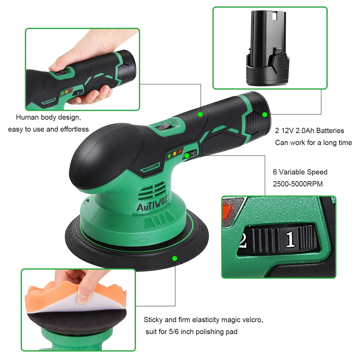AUTIWOZ Cordless Car Polisher Buffer 6 inch Dual Action Waxer Sander Pads Kit with Battery for Boat ,Green