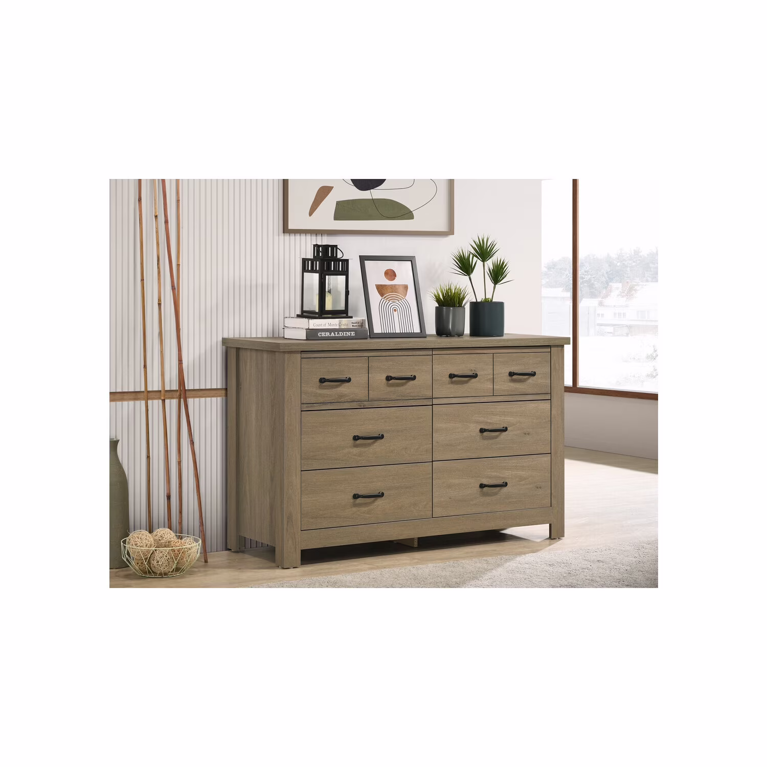 Maykoosh Retro Relaxation Coffee Gray Oak Finish Dresser with 6 Drawers and Black Handles