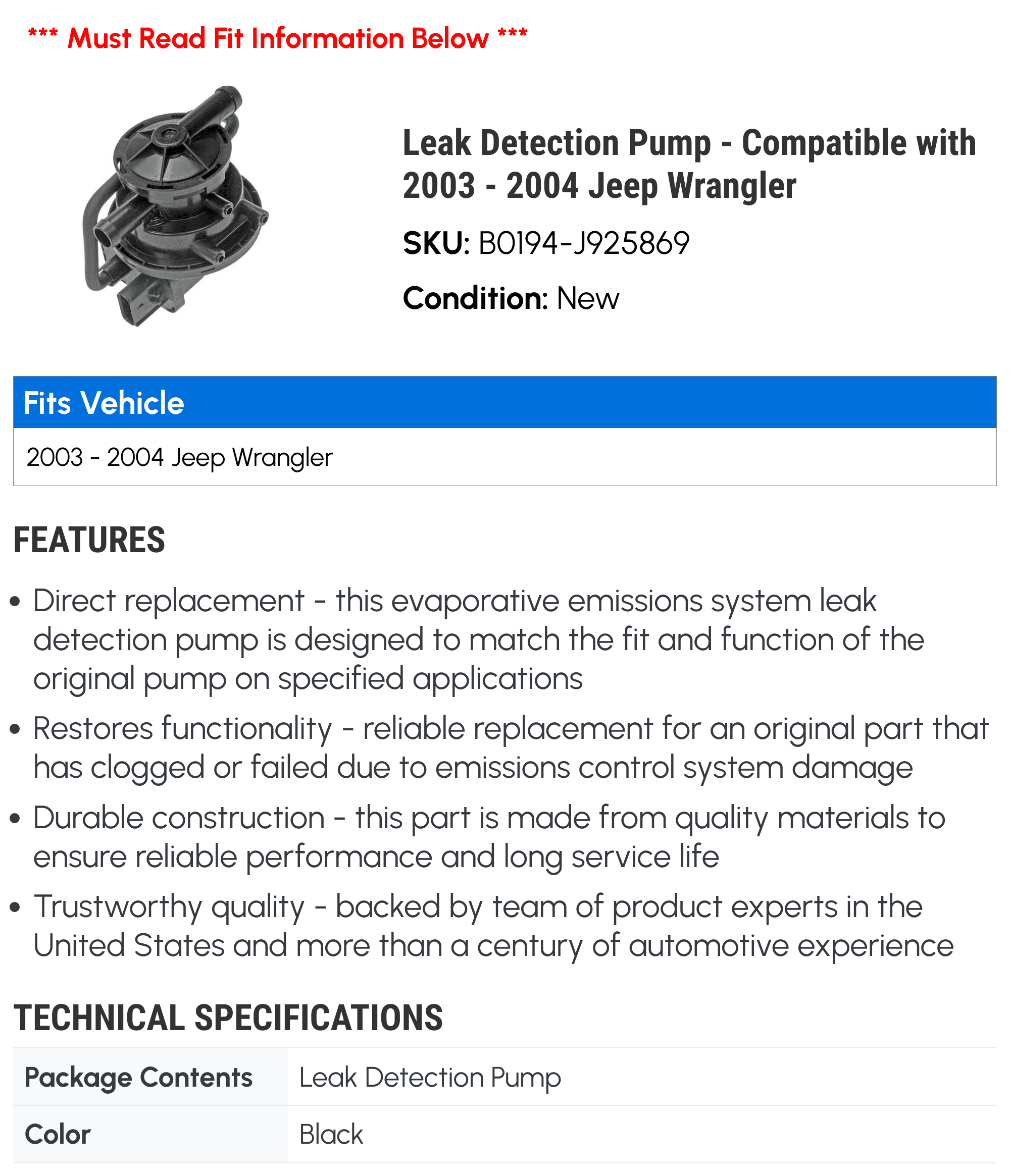 Leak Detection Pump - Compatible with 2003 - 2004 Jeep Wrangler