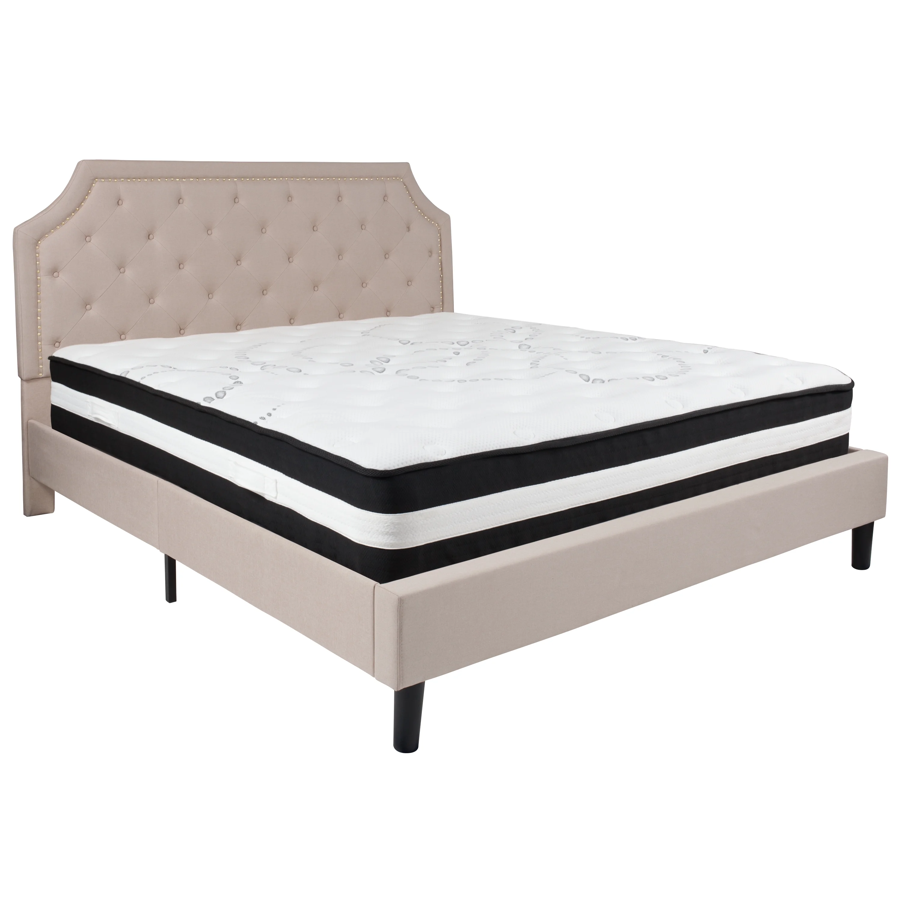 BizChair King Size Arched Tufted Upholstered Platform Bed in Beige Fabric with Pocket Spring Mattress