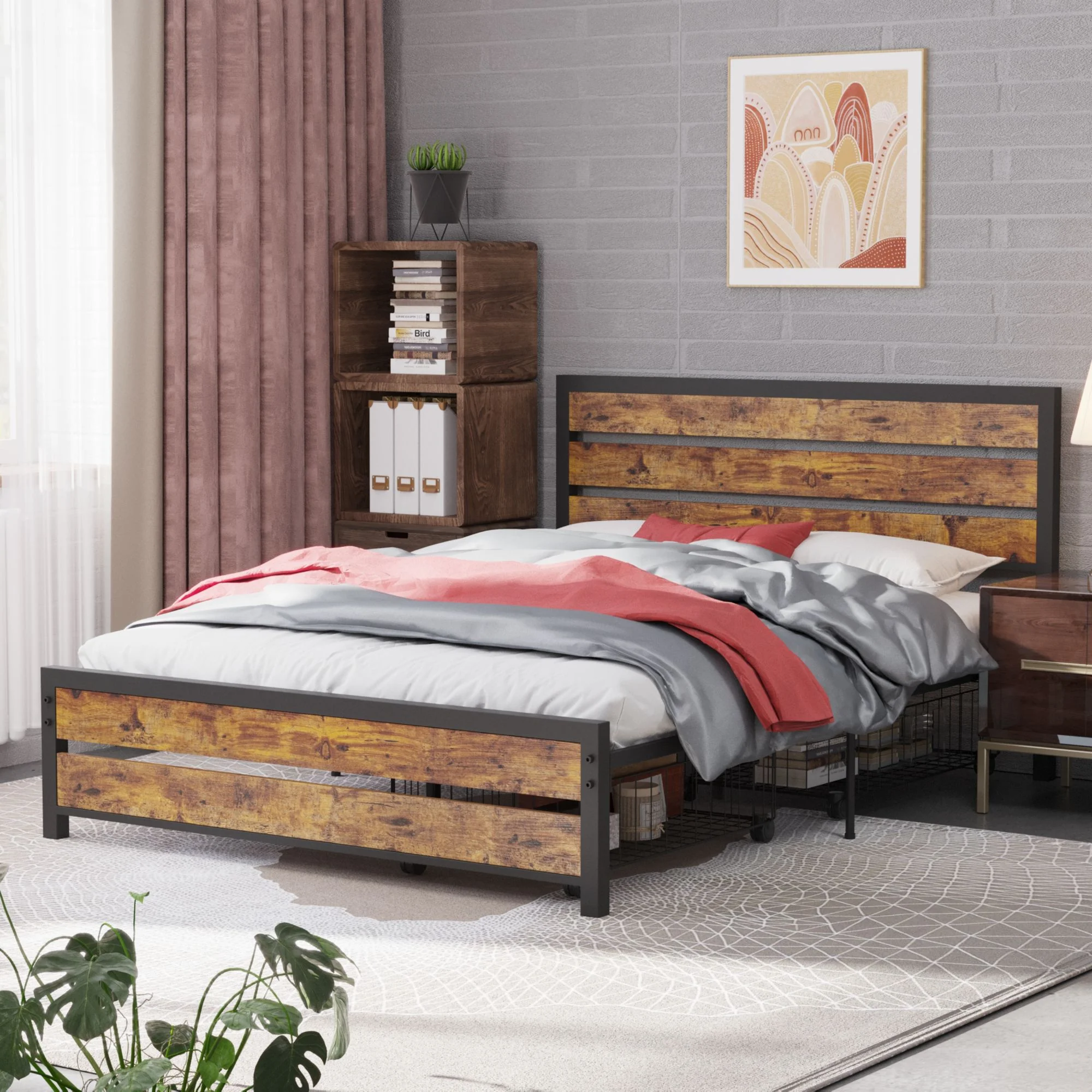 Queen Size Metal Bed Frame 800 lbs Capacity Iron Slat Bed with Headboard and 2 Storage Box Under Bed Rustic Brown