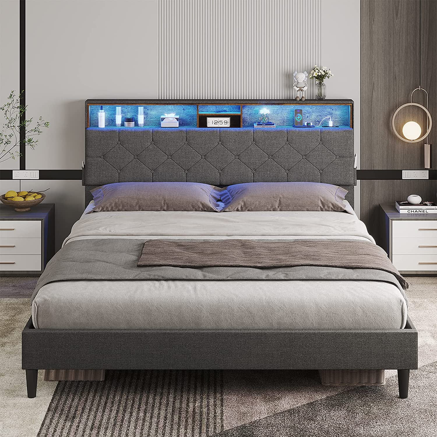 Full Size Upholstered Platform Bed Frame with LED Lights-Headboard Stoarge and Outlets,Stitched Button Tufted Design, Dark Grey