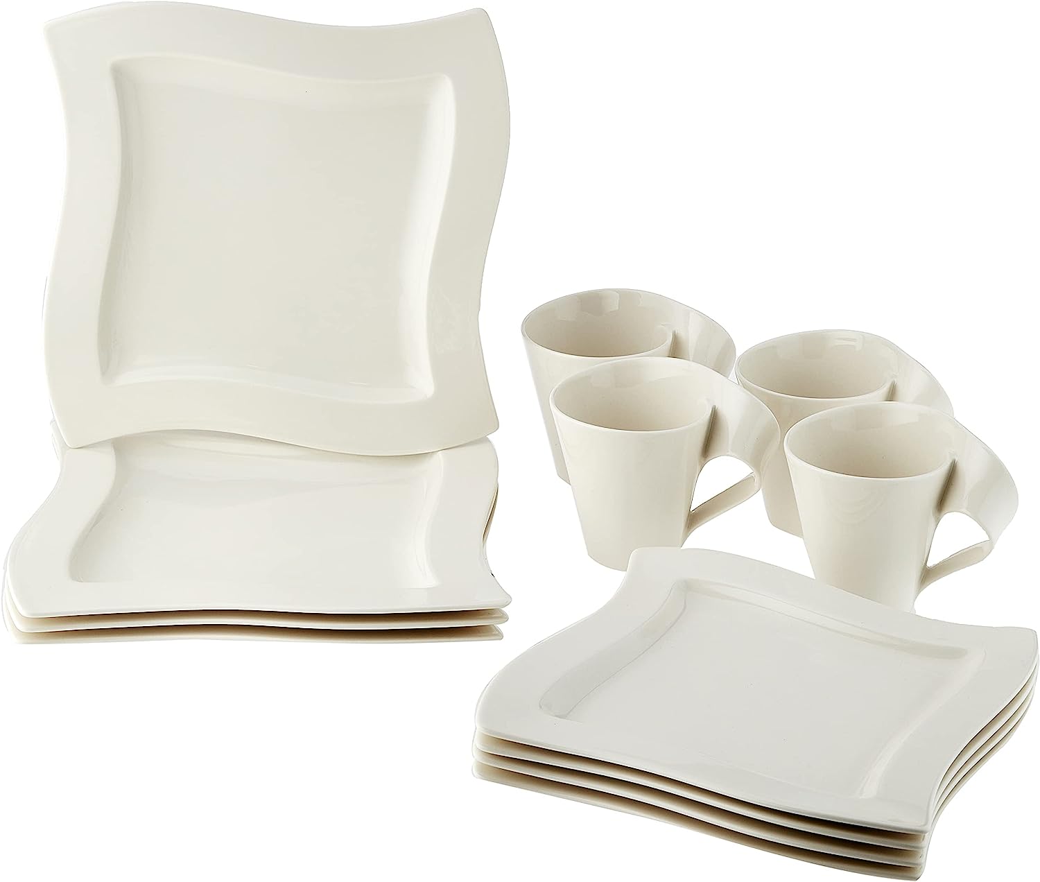 Newwave 12-Piece Place Setting, Service For 4, Plates & Mugs, Premium Porcelain, Made In Germany, White