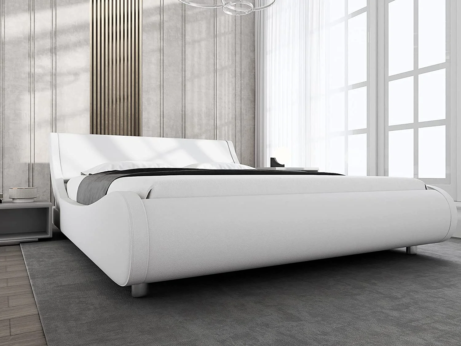 Allewie Low Profile Wave-like Full Size Platform Bed Frame with Leather Adjustable Headboard, White