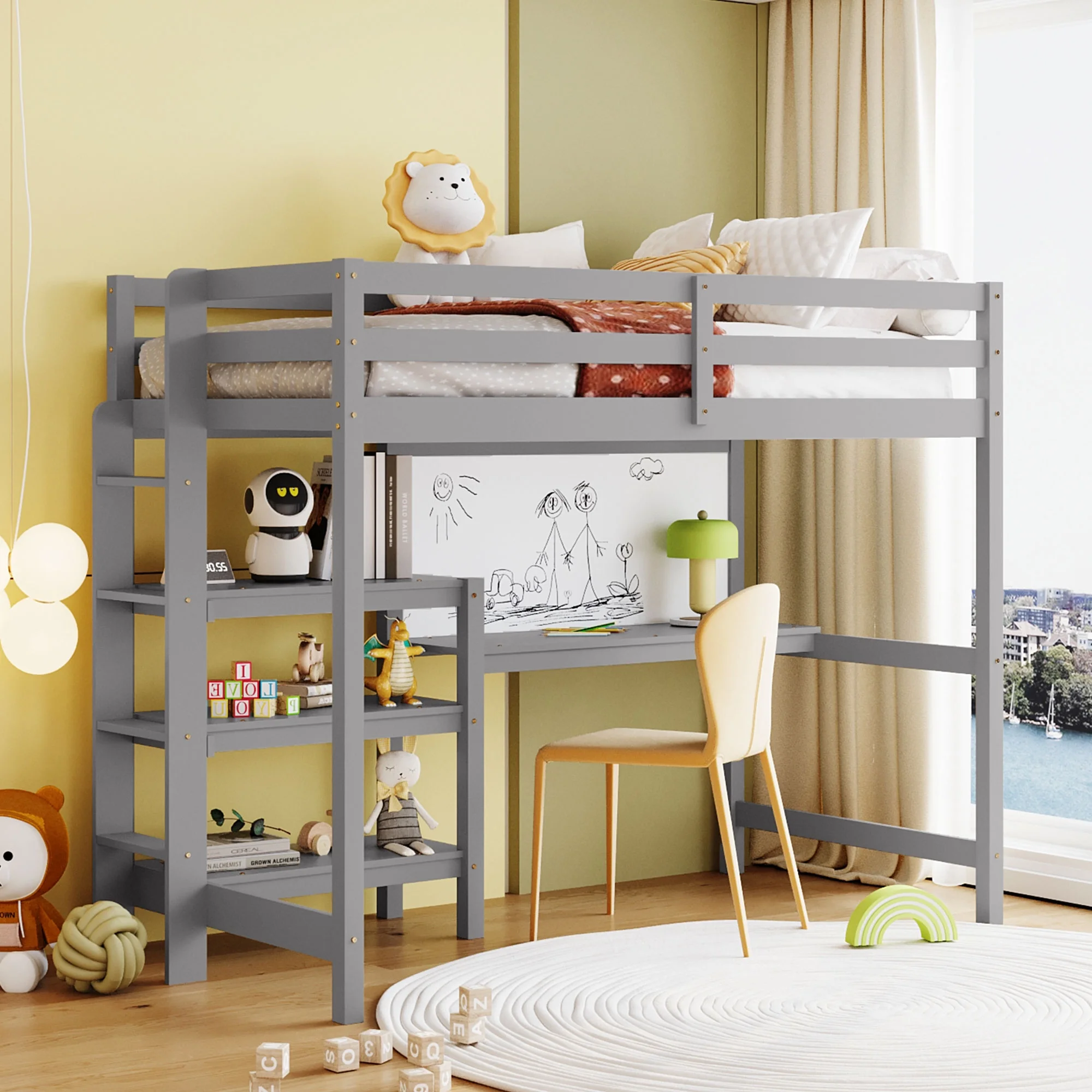 Bellemave Twin Size Loft Bed with Desk, Writing Board and 3-Storage Shelves, Wood Loft Bed Frame with Ladder and Guardrail for Kids, Teens, Adults (Gray)
