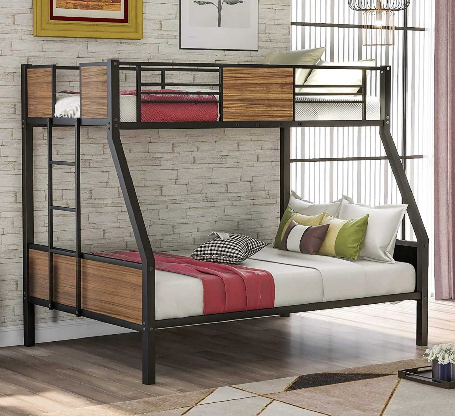 Churanty Twin Over Full Bunk Bed Study Metal Bed Frame with Ladder and Safety Rails Home Bedroom Furniture
