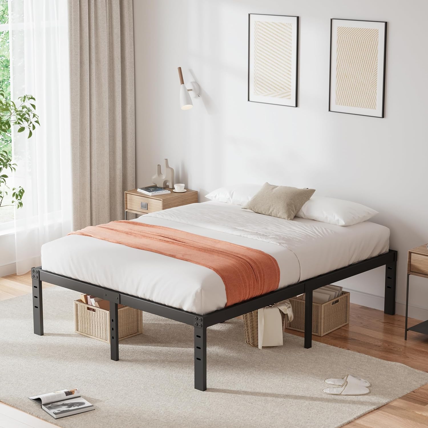 14 Inch High Queen Bed Frame No Box Spring Needed, Heavy Duty Steel Slat Platform Bed Frame Queen Size, Noise Free, Easy Assembly, Black