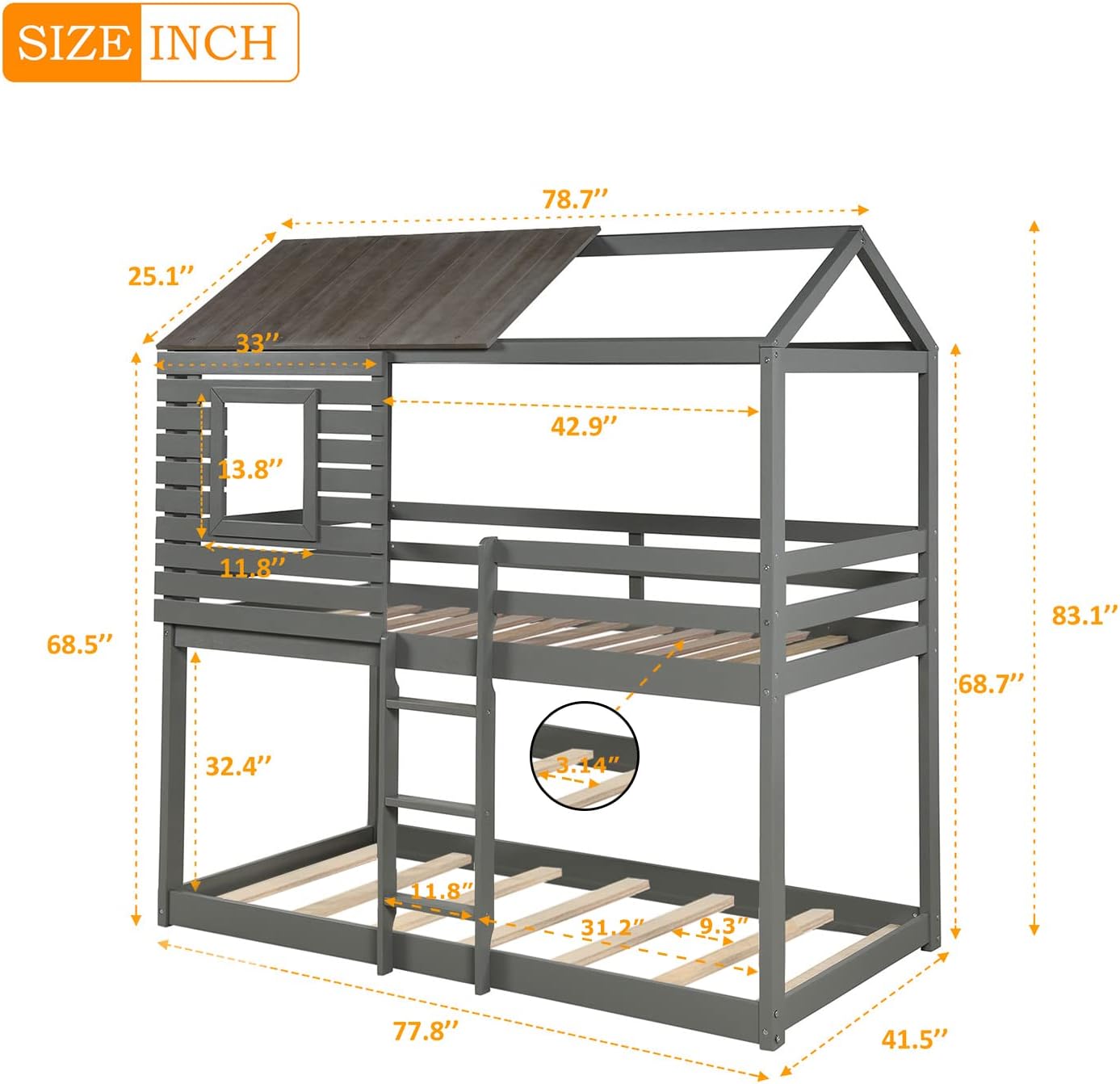 Over Bunk Bed, Wood House Bed Loft Bed Bedroom Furniture With Roof, Window, Guardrail & Ladder (Gray, Over )