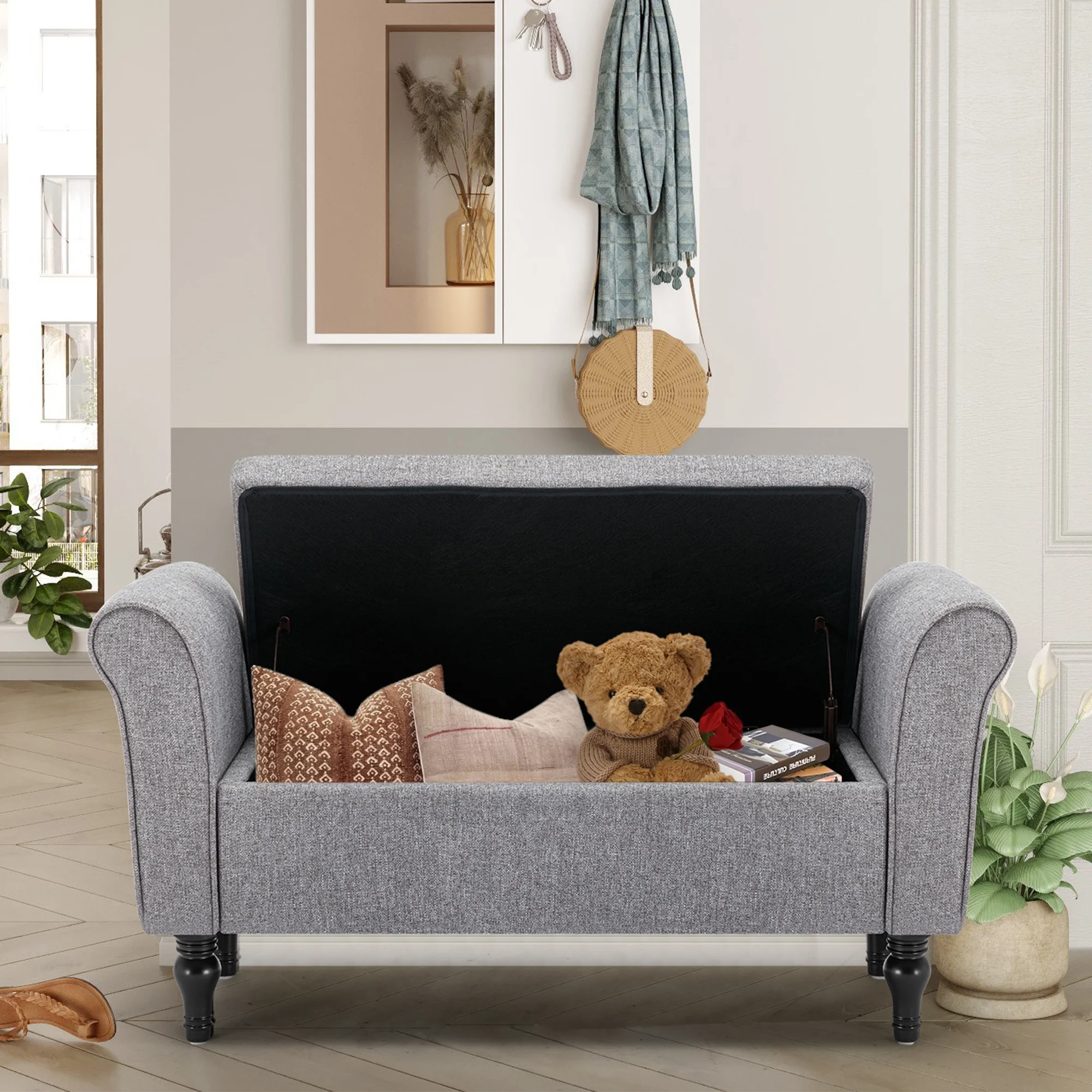 Foredo Storage Ottoman Bench with Arms, Fabric Upholstered Storage Bench for Entryway, Modern End of Bed Bench for Bedroom, Gray