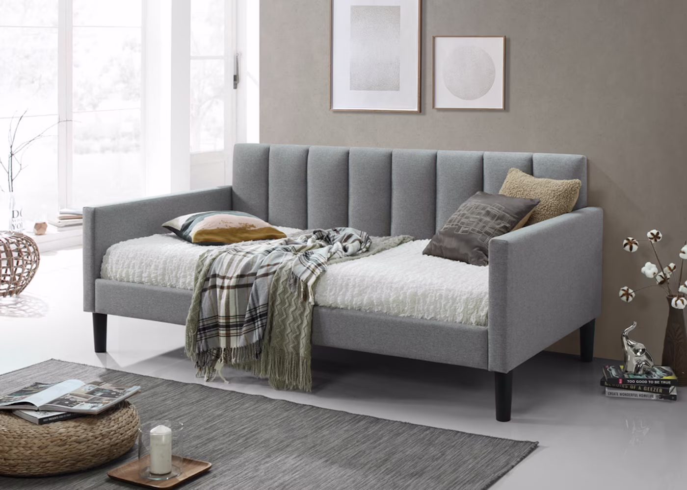 Twin Size Panel Tufted Upholstered Day Bed in Gray Fabric
