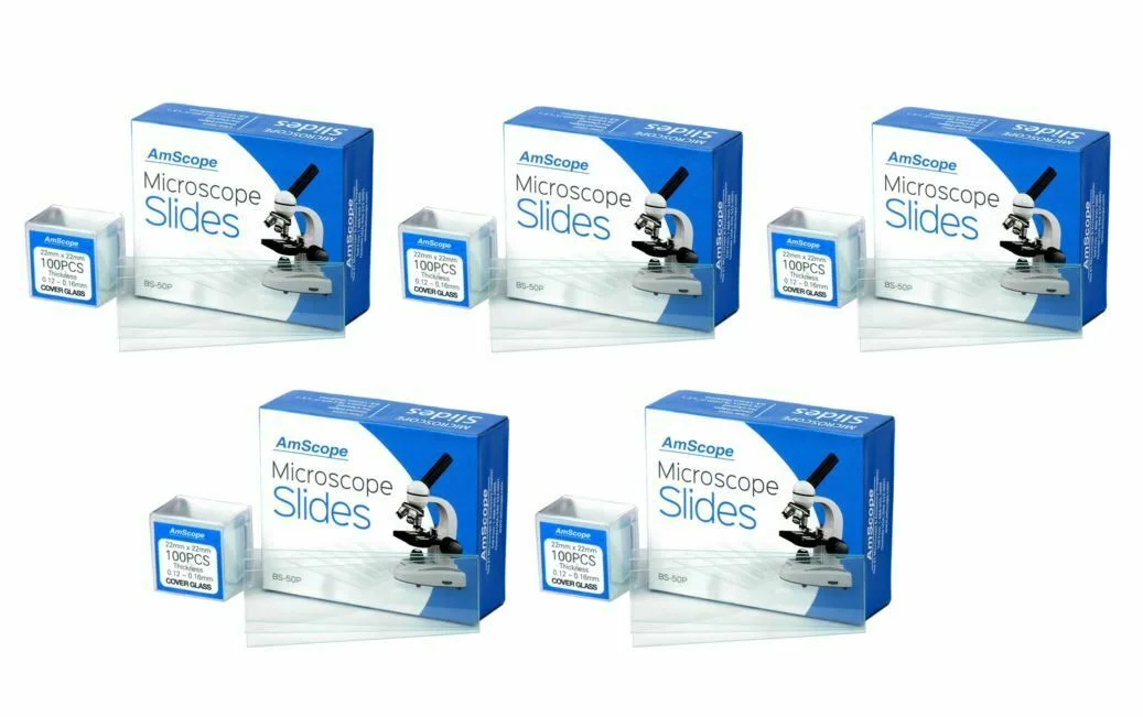 AmScope 5-Pack of 50 Microscope Slides + 5 X 100 Square Coverslips Clean Glass