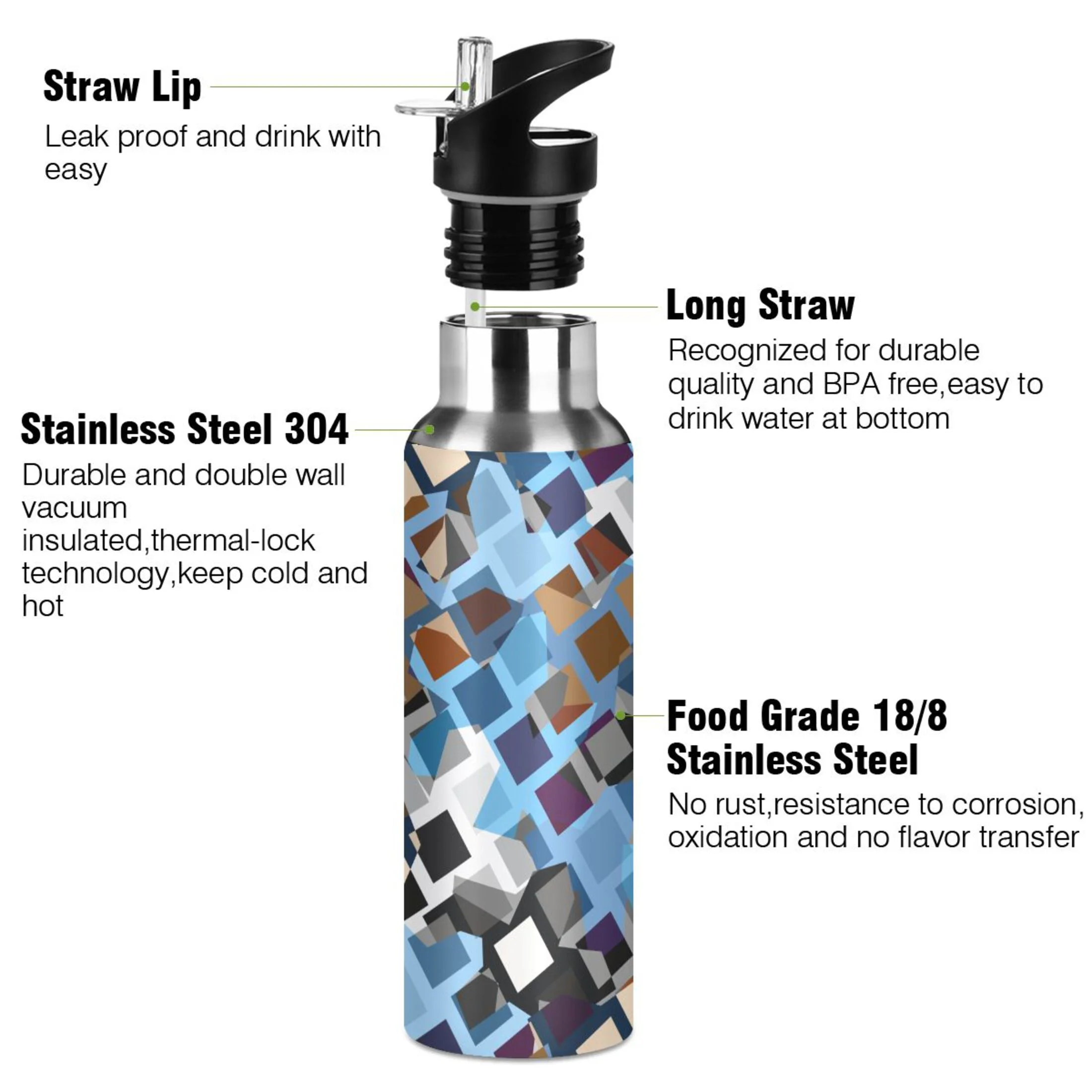 Abstract Broken Glass Water Bottles Insulated Thermos Kids Stainless Steel Bottle with Straw Lid Flask Leakproof for Sports Gym 20 oz
