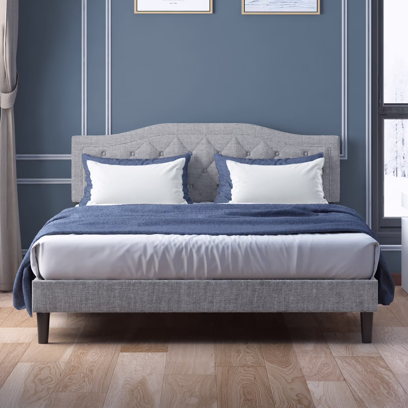 ijuicy King Size Bed Frame with Adjustable Headboard, Button Tufted Design Upholstered Bed Frame, Platform Bed Frame for Bedroom Apartment Light Grey