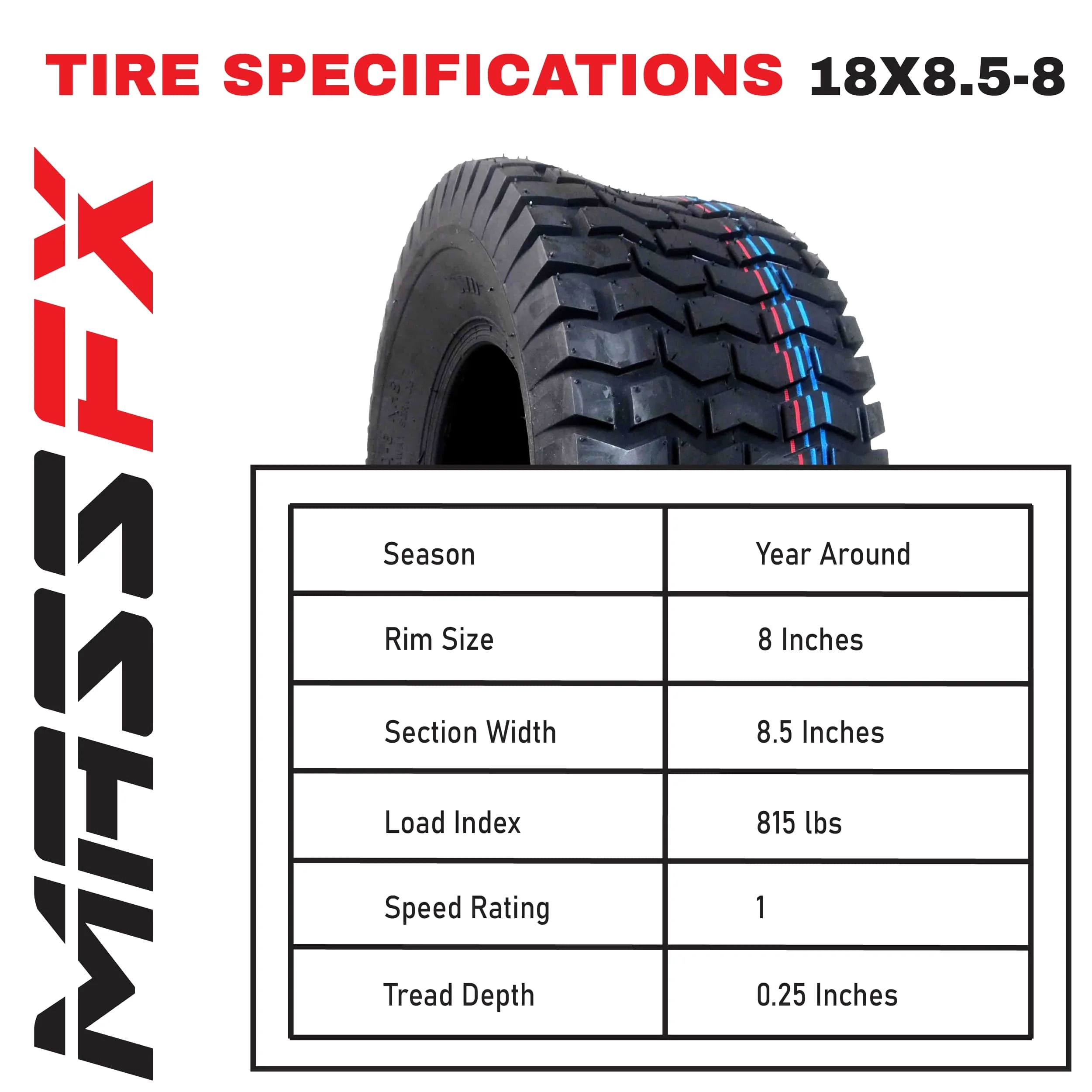 MASSFX 18x8.5-8 Golf Cart, Turf, Lawn & Garden Tire 4 Ply with 6mm Tread Depth 18x8.5x8 (4 Pack)