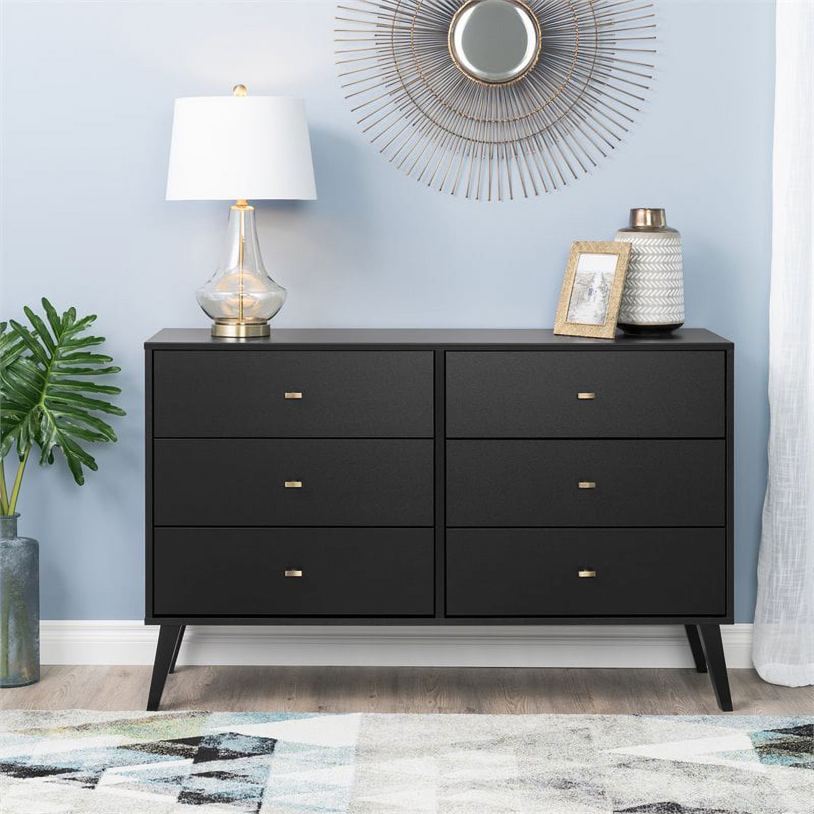 Allora Mid Century Modern 6 Drawer Double Dresser in Black