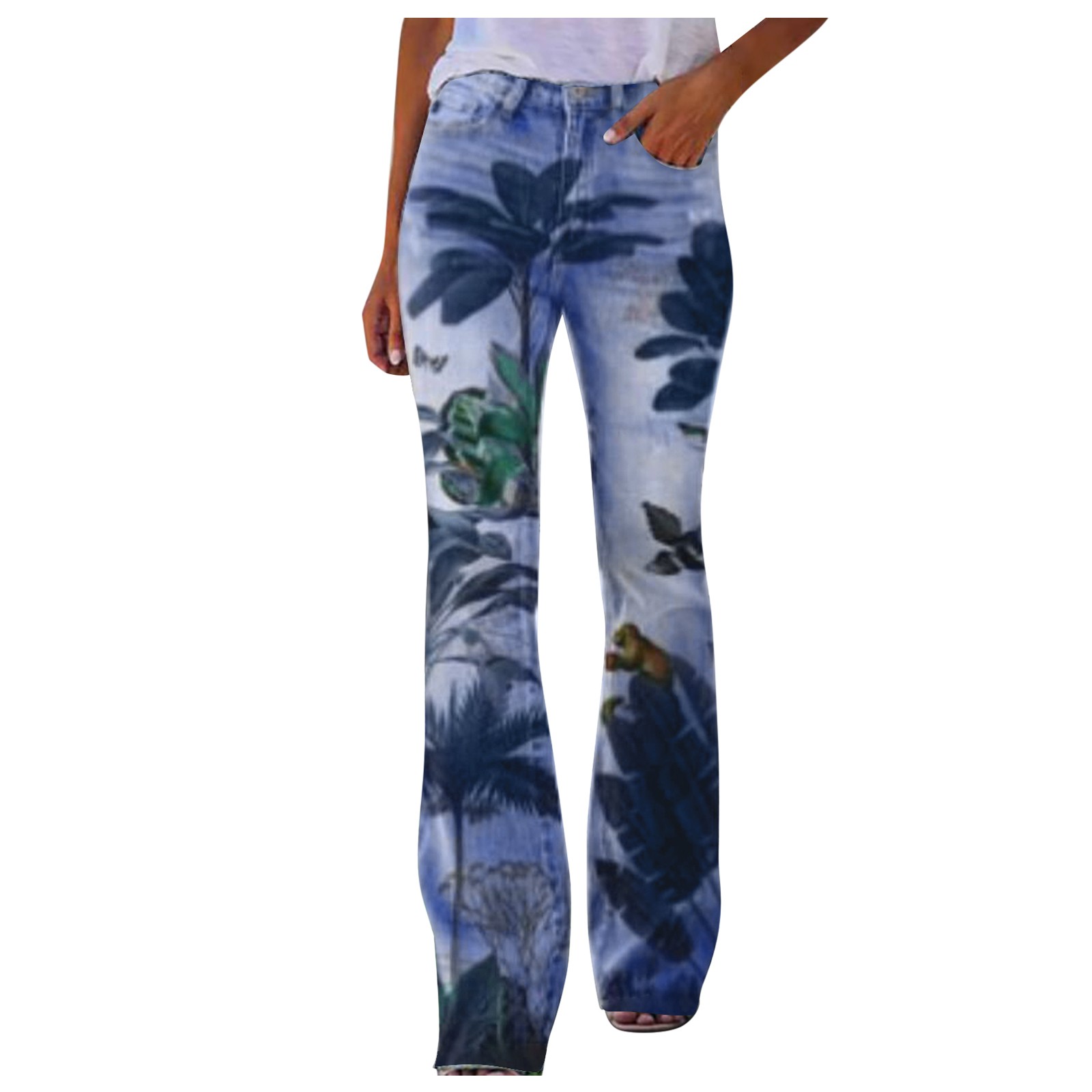 YongANs Jeans For Women Color Block Floral Print Straight Leg Jeans Casual Lounge Pants with Pockets