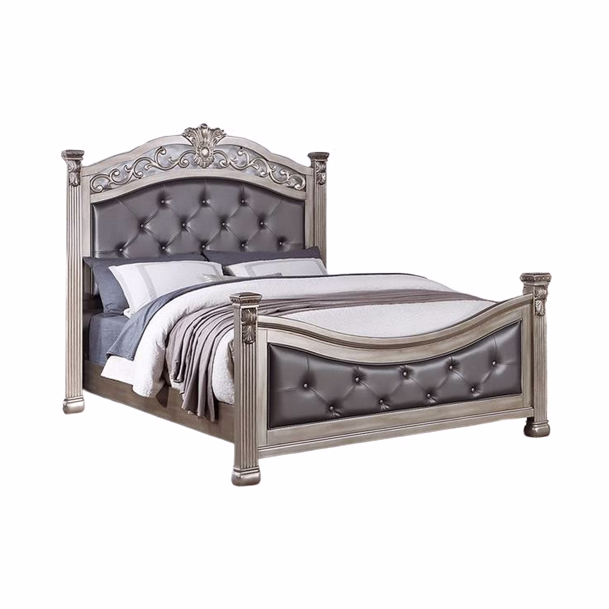 Benjara Jax Traditional Queen Size Bed, Tufted Upholstered Headboard, Champagne
