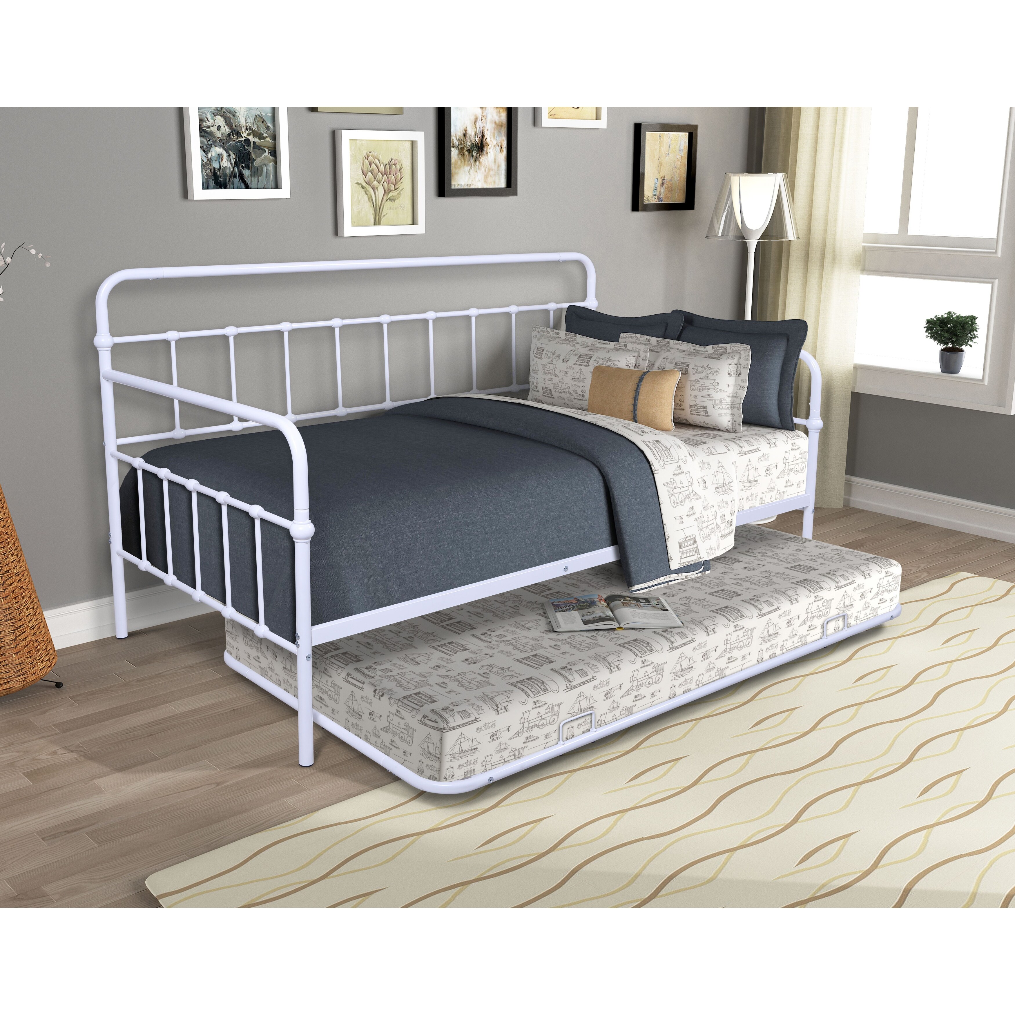 FULLJOJOR Modern Metal Frame Daybed with trundle White - Twin