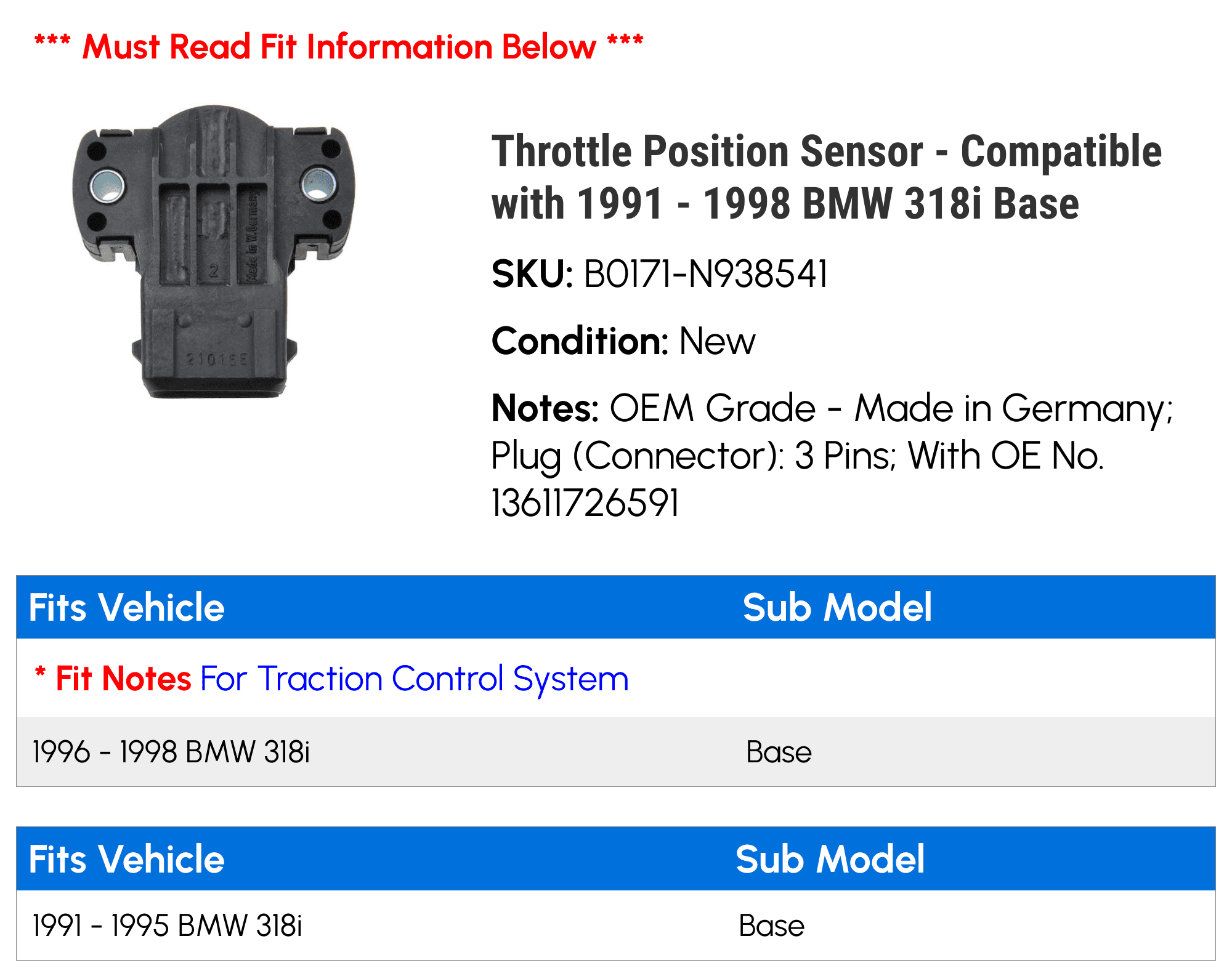 Throttle Position Sensor - Compatible with 1991 - 1998 BMW 318i Base 1992 1993 1994 1995 1996 1997