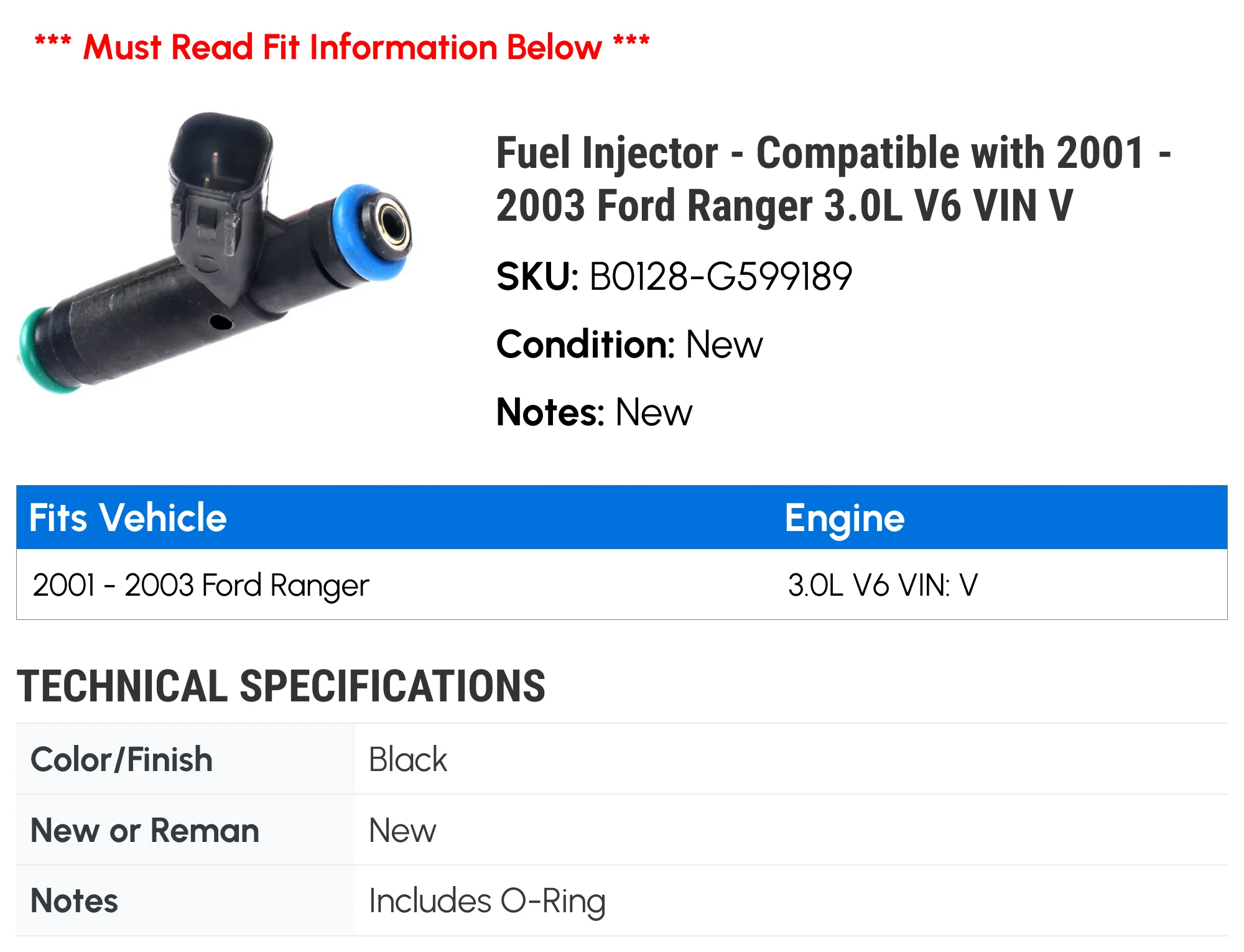 Fuel Injector - Compatible with 2001 - 2003 Ford Ranger 3.0L V6 VIN V 2002