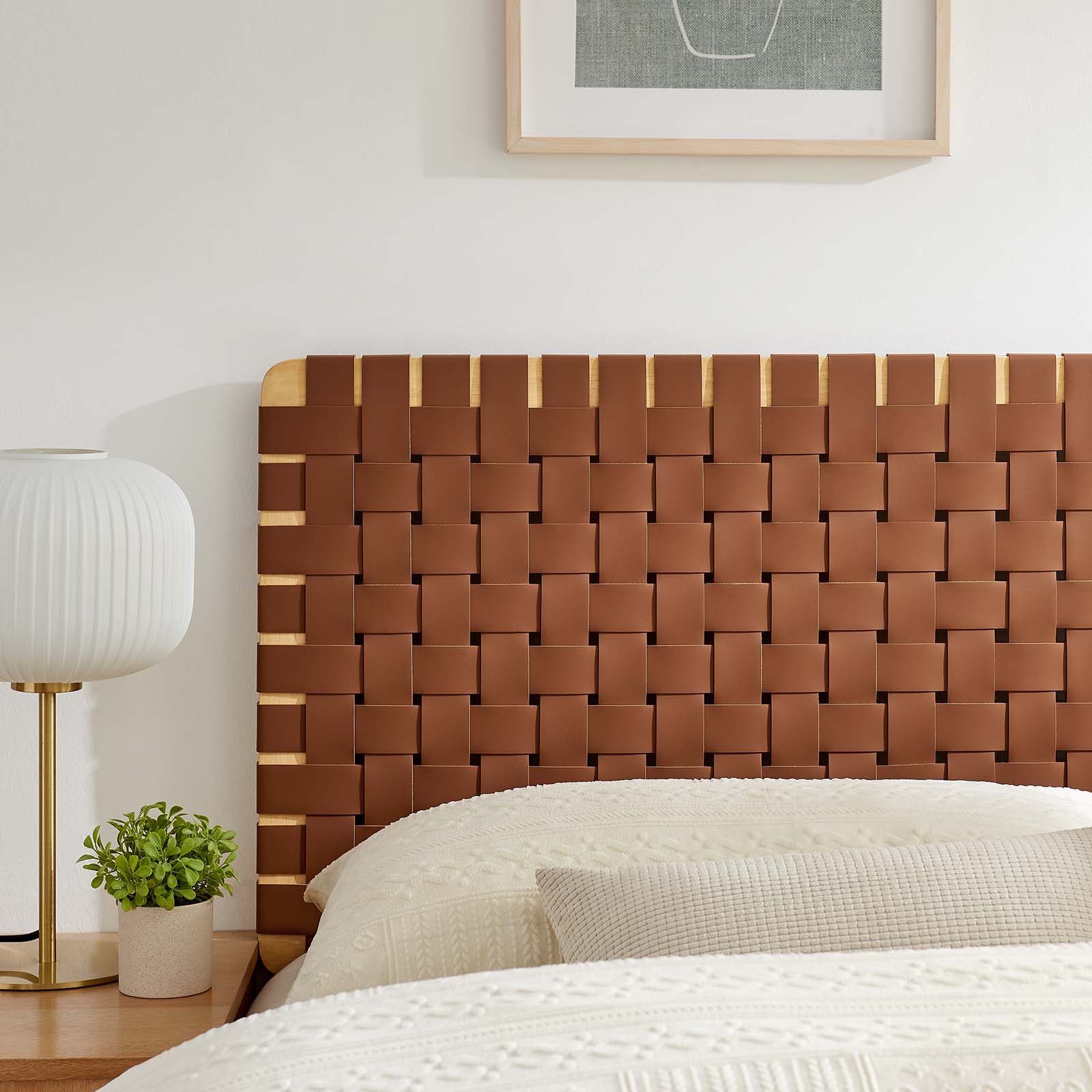 Modway Sparta Weave Queen Vegan Leather Headboard in Natural Brown