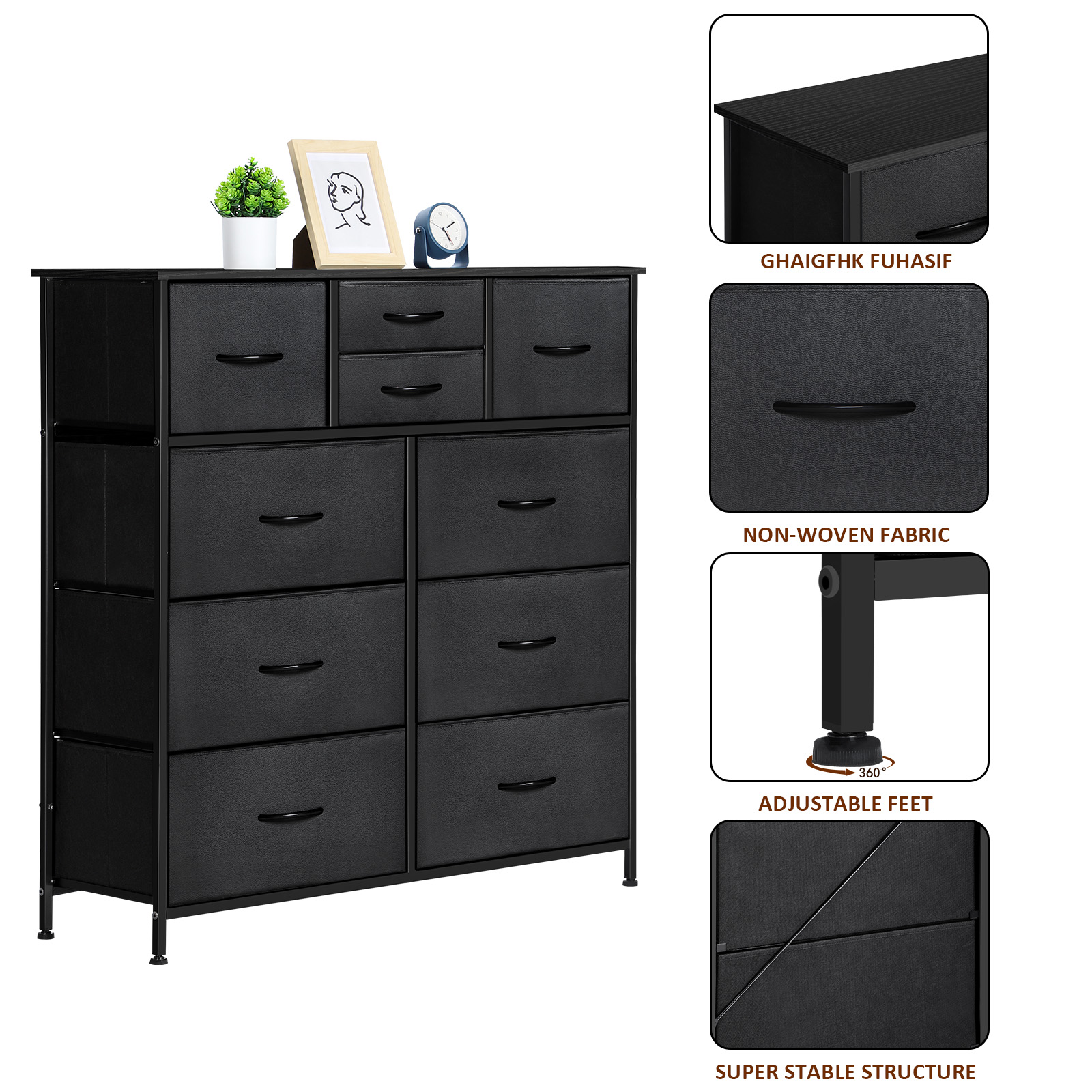 Dresser with 10 Non-Woven Drawers Small Chest of Drawers, Black