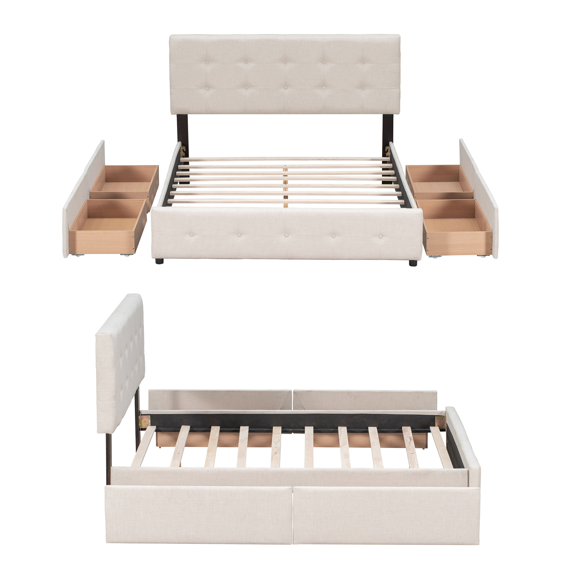 Classical Queen Size Linen Fabric Upholstered Platform Bed with Four Drawers and Tufted Headboard, White