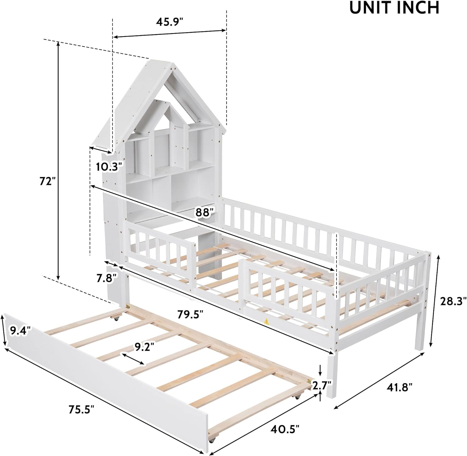 Size Platform Bed For Kids, Solid Wood House Bed With House-Shaped Headboard & Trundle, Kids Bed Frame With Fence Guardrails No Box Spring Needed (White)