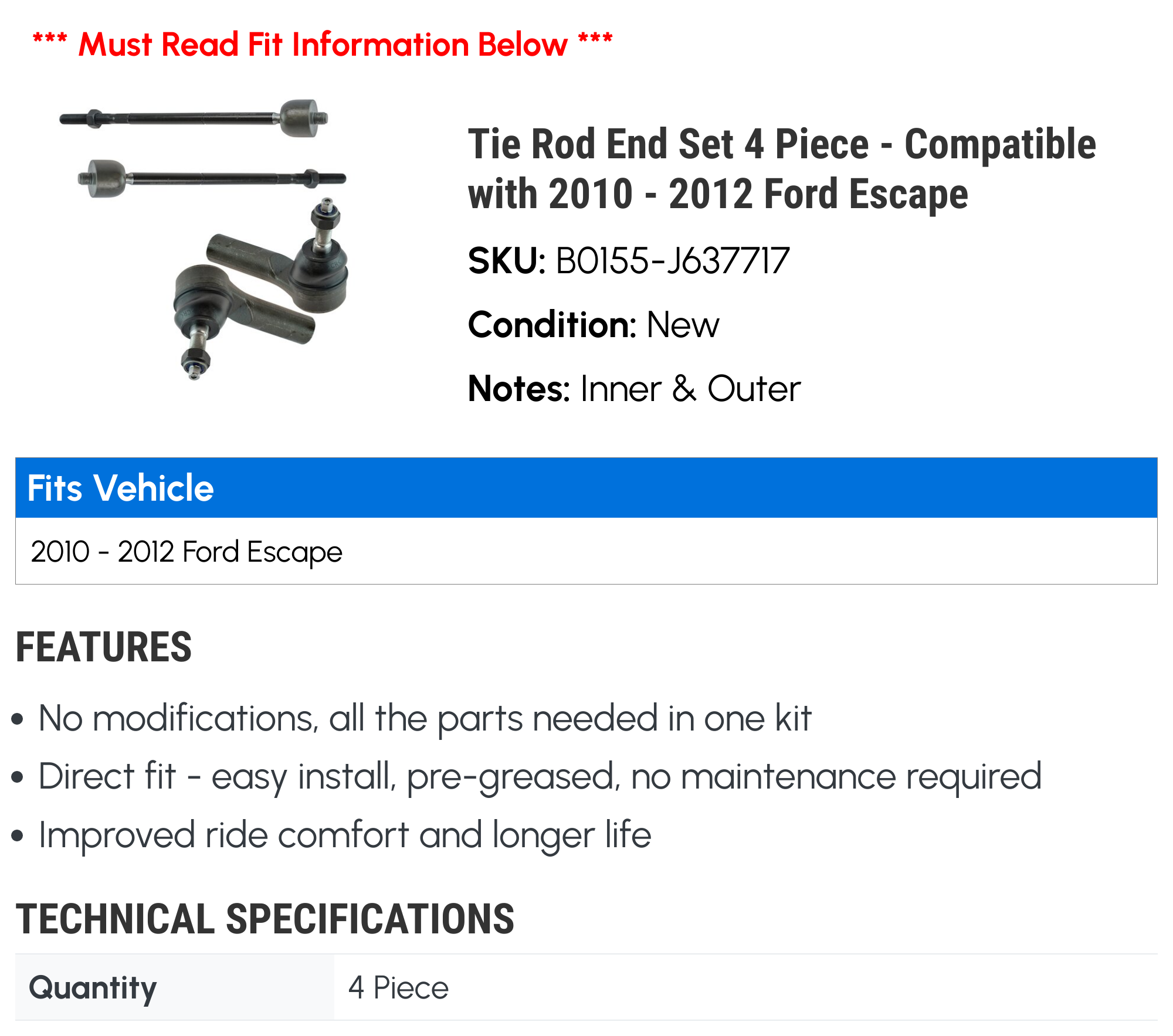 Tie Rod End Set 4 Piece - Compatible with 2010 - 2012 Ford Escape 2011