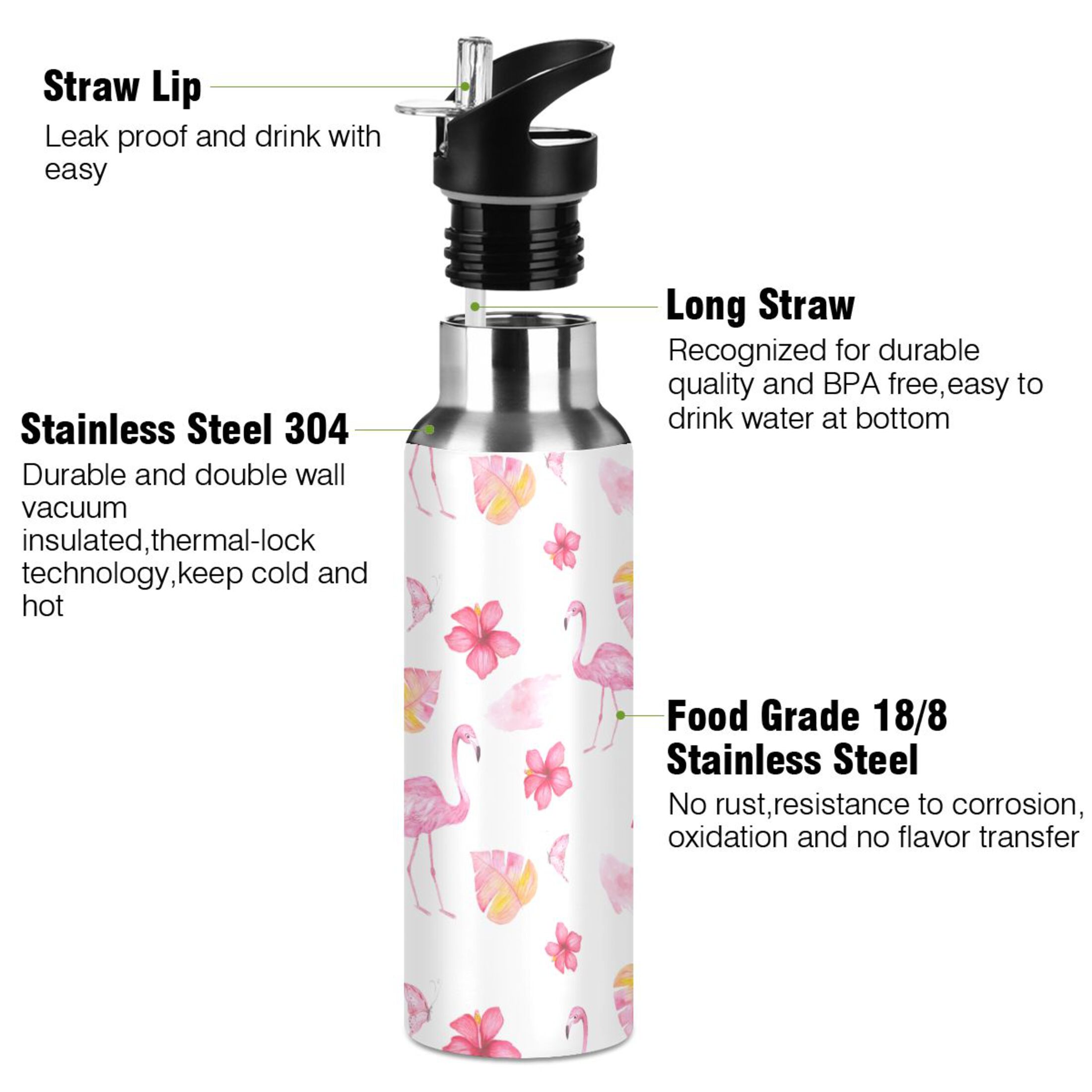 Flamingo Palm Leaves Pink Water Bottles Insulated Thermos Kids Stainless Steel Bottle with Straw Lid Flask Leakproof for Sports Gym 20 oz